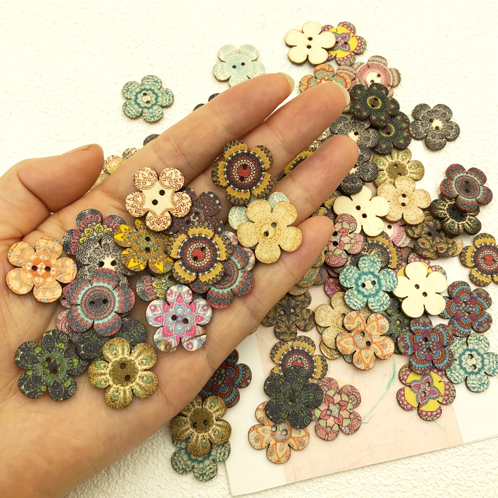 Mixed Random Flower Painting Round 2 Holes Wood Wooden - Temu