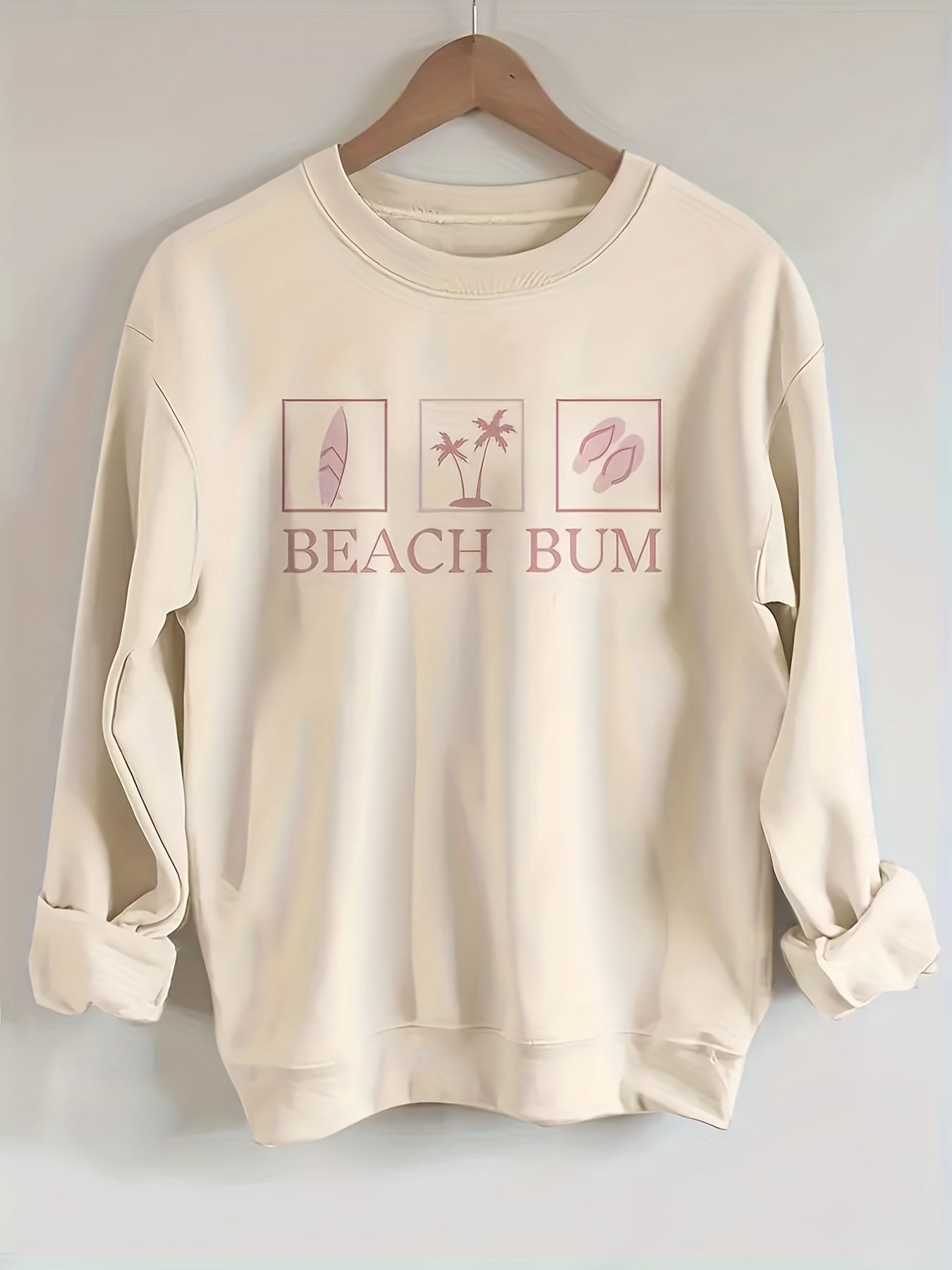 beach bum print sweatshirt casual long sleeve crew neck sweatshirt womens clothing details 0