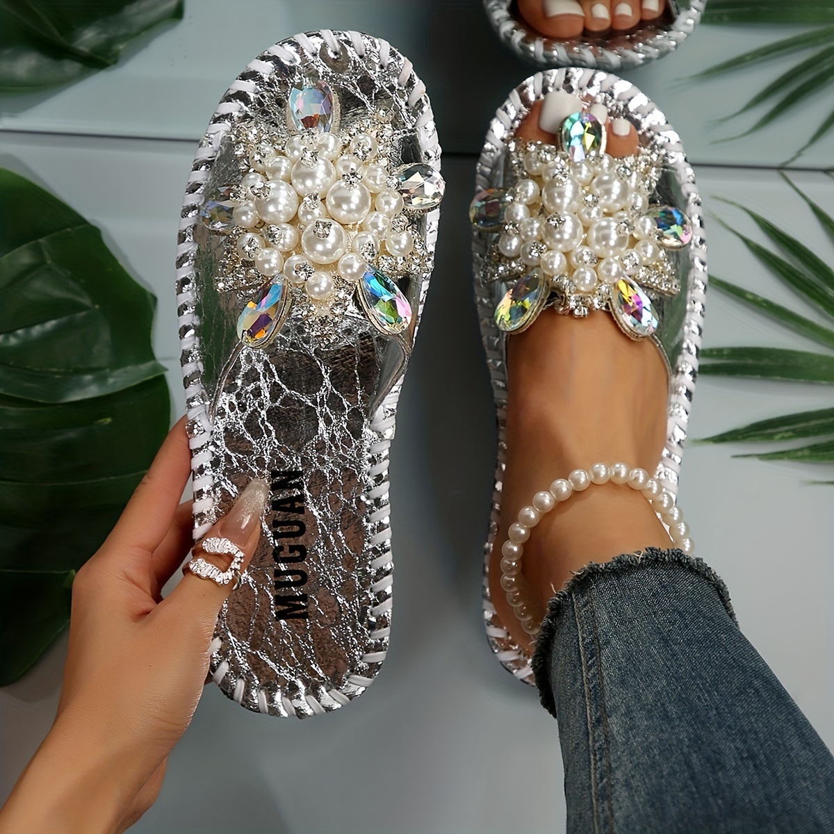 

Women's Hand Stitched Floral Rhinestone Pearl Slipper, Fashion Cool Open Toe Slippers For Outdoor