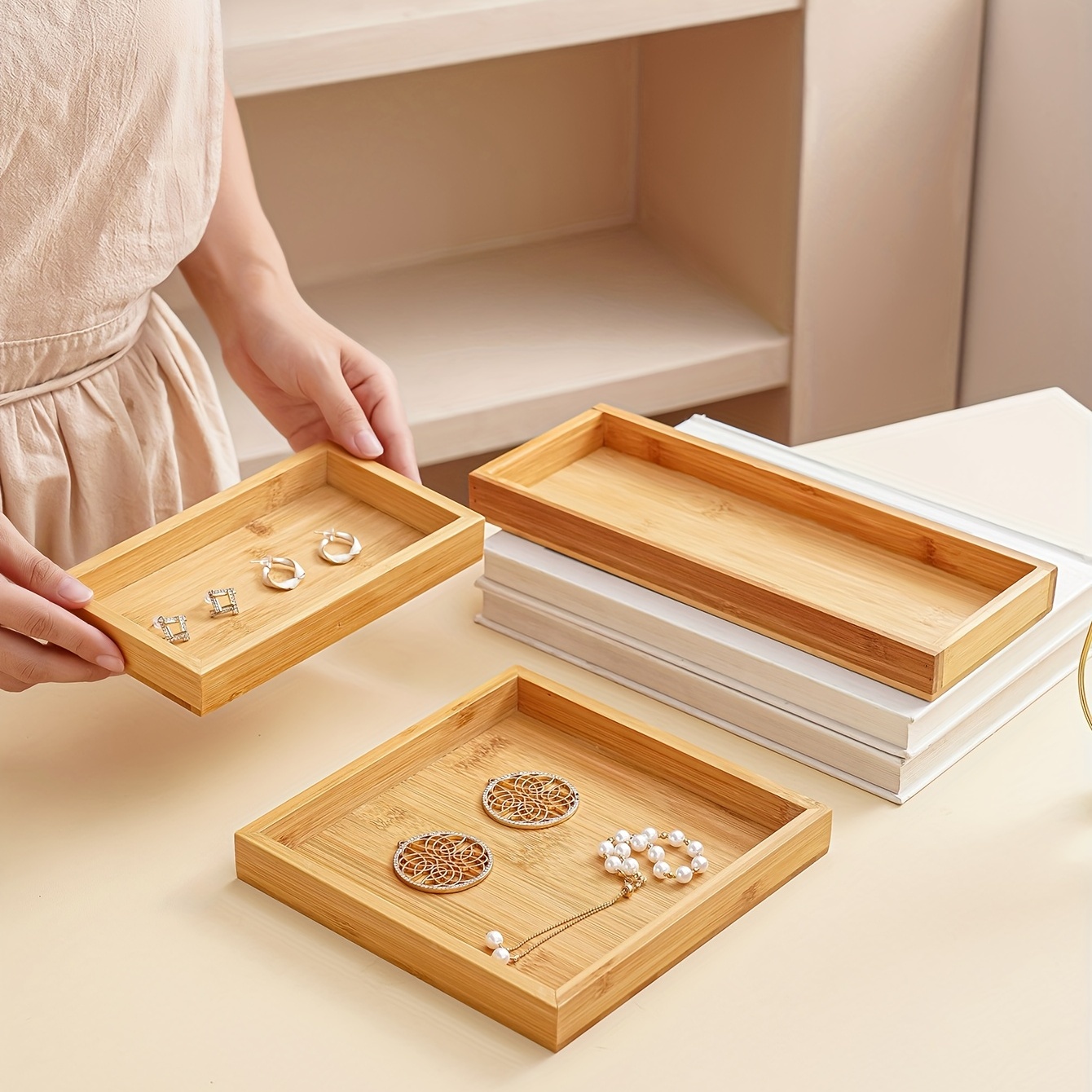 

1pc Bamboo Wood Ornament Tray, Ornament Storage Tray, 7.874in/20cm, 11.811in/30cm, 7.677in/19.5cm