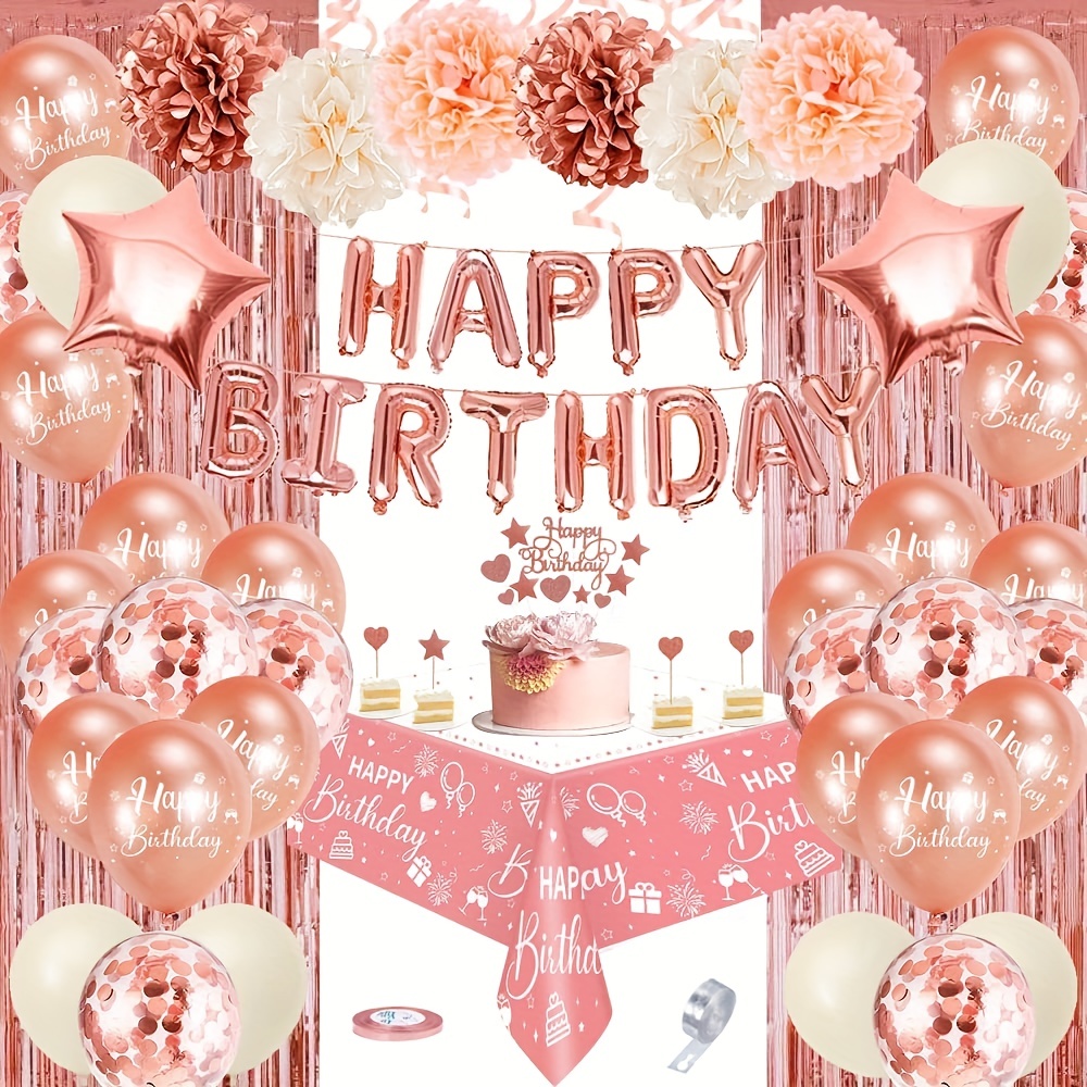  Rose Gold Birthday Party Decorations, Happy Birthday Banner,  Rose Gold Fringe Curtain, Heart Star Foil Confetti Balloons, Hanging Swirls  for Women Girls Birthday Princess Party : Toys & Games