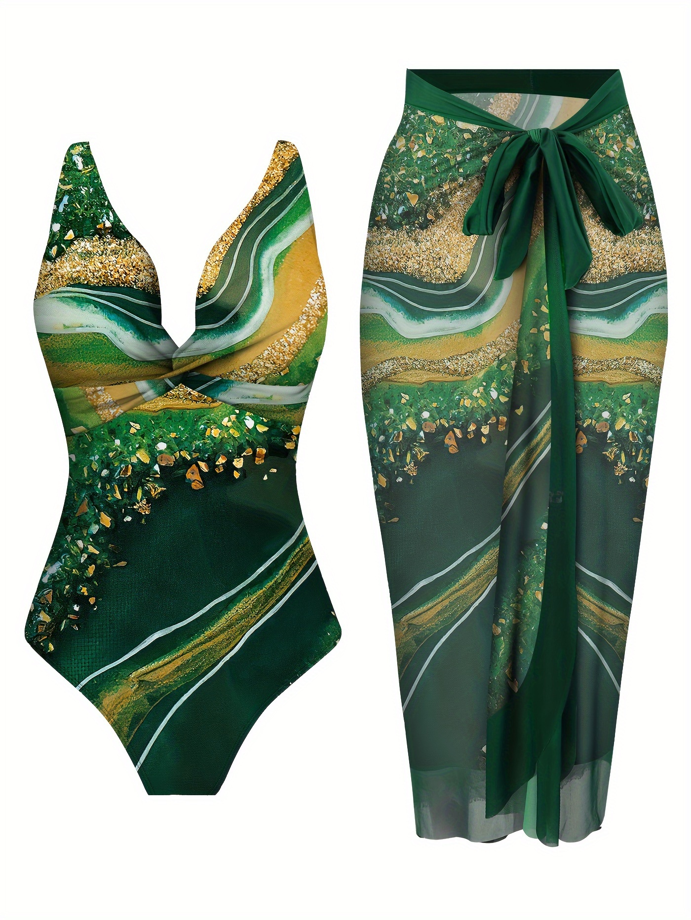 Marble Print Elegant Swimsuits V Neck High Stretch - Temu