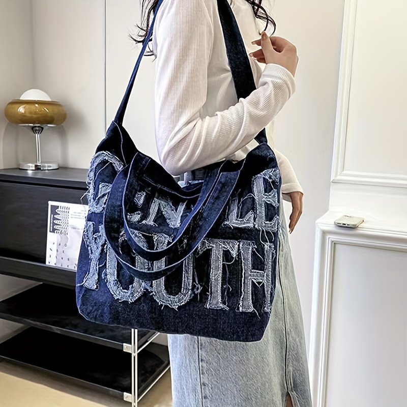Checkered Denim Tote Bag Letter Patch Decor Handbag Women's Large Capacity Shoulder  Bag - Bags & Luggage - Temu