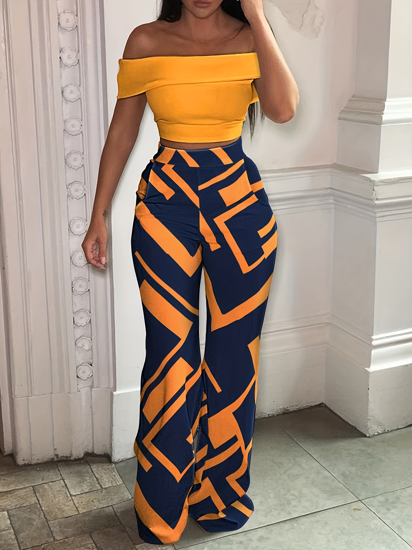 Women's Two Piece Outfits 2023 Off Shoulder Casual Crop Tops Blouse and  High Waist Palazzo Pants Set
