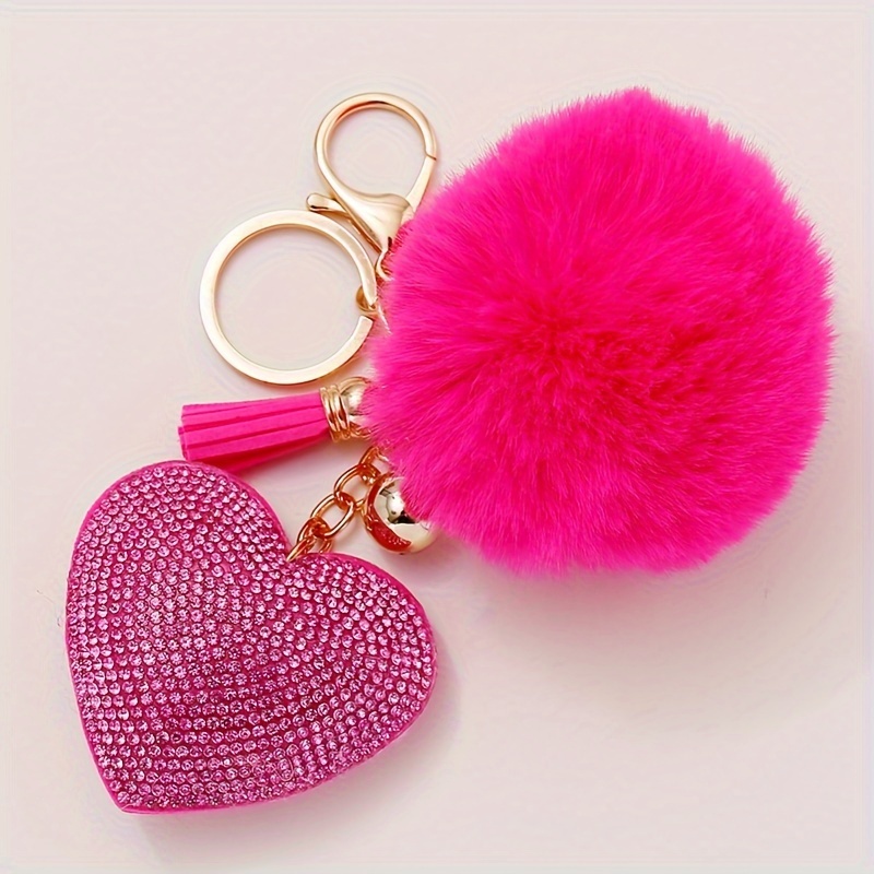 BlingPink USA Adorable Heart Purse Bag Bling Rhinestone Keychain Keyring with Rope Strap and Pom Pom Ball Faux Fur Ball for Car Key