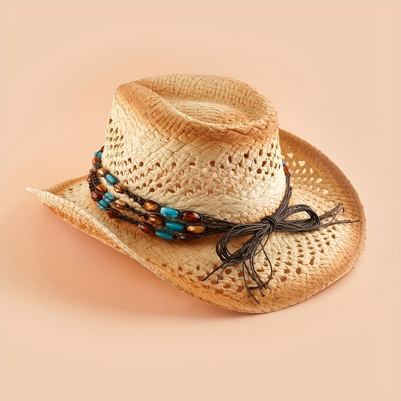 Boho Braided Chain Cowboy Hat, Cowgirl Hat Vintage Breathable Sunshade Straw Hat unisex Sun Hats Travel Beach for Women Men,Temu