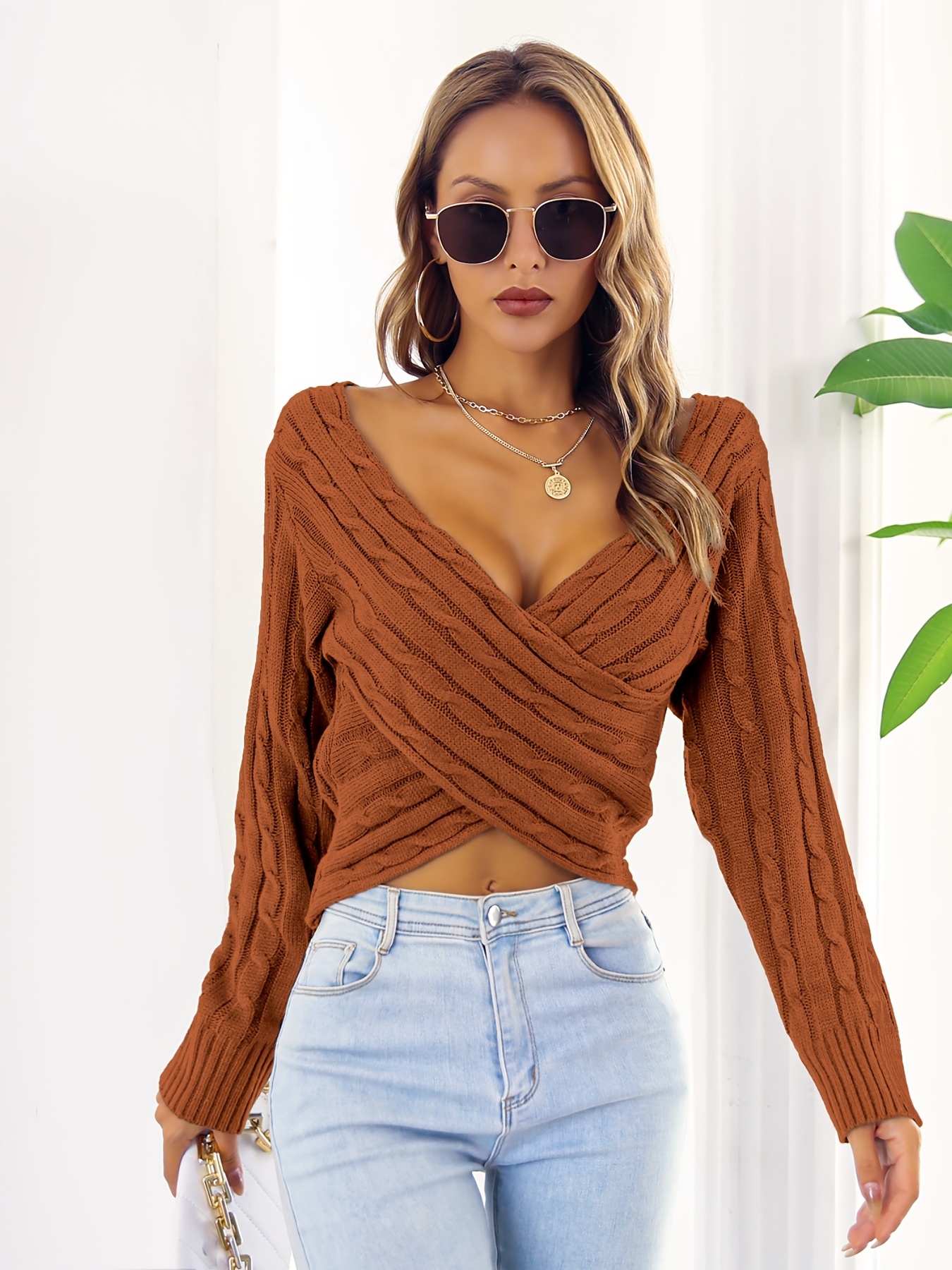 Sexy hot girl's crop top collared long-sleeved sweater