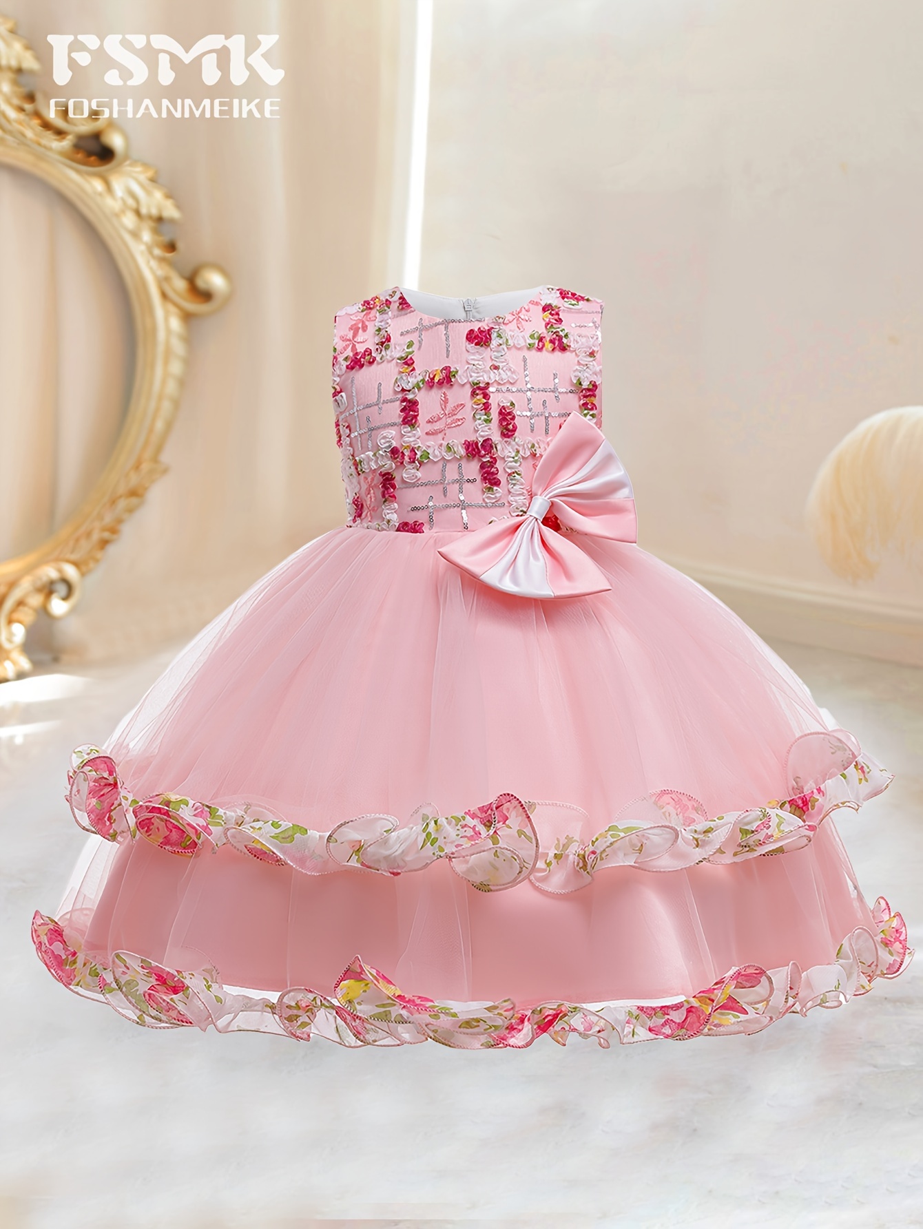 Vestido rosa para niñas, vestido tutú de fiesta de cumpleaños para niñas  florales con encaje bordado con lentejuelas y flores en 3D, vestido de  desfile, vestido de niña de las flores 