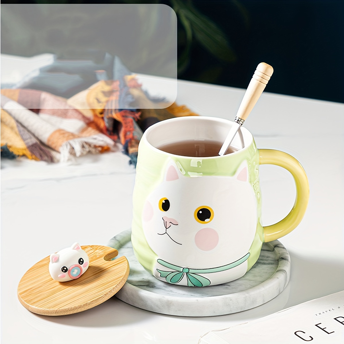 Mug Kawaii Mug Ceramic Coffee mug with lid Tea cup with lid Cat