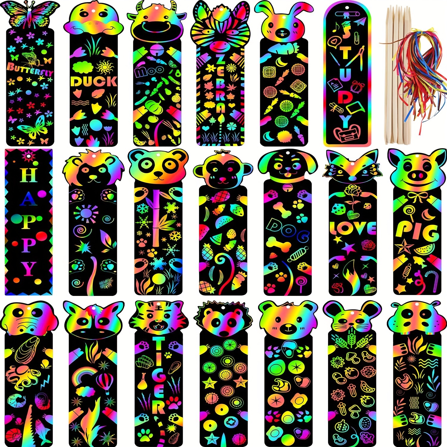 

1 Pack (12 Bookmarks + 12 Colorful Tapes + 4 Bamboo Pens) Creative Colorful Can Hang Butterfly Animal Style Scratch Painting Bookmark