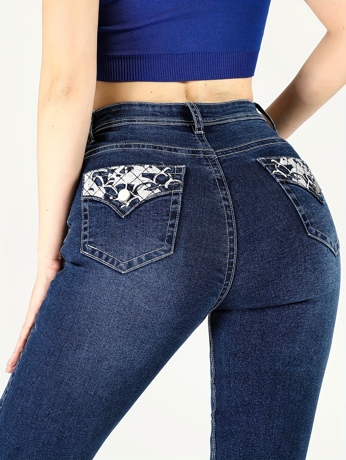Black Flap Pockets Bootcut Jeans, Double Button High Stretch Denim Pants,  Women's Denim Jeans & Clothing