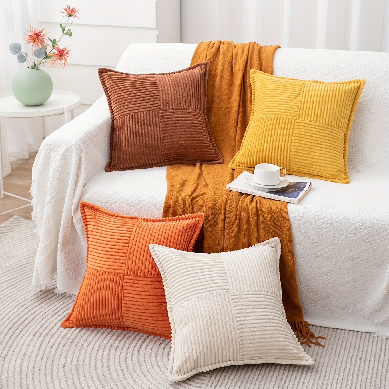 Soft Corduroy Striped Velvet Square Decorative Throw Pillow Cusion for Couch, 18 inch x 18 inch, Orange, 2 Pack, Size: 18 x 18