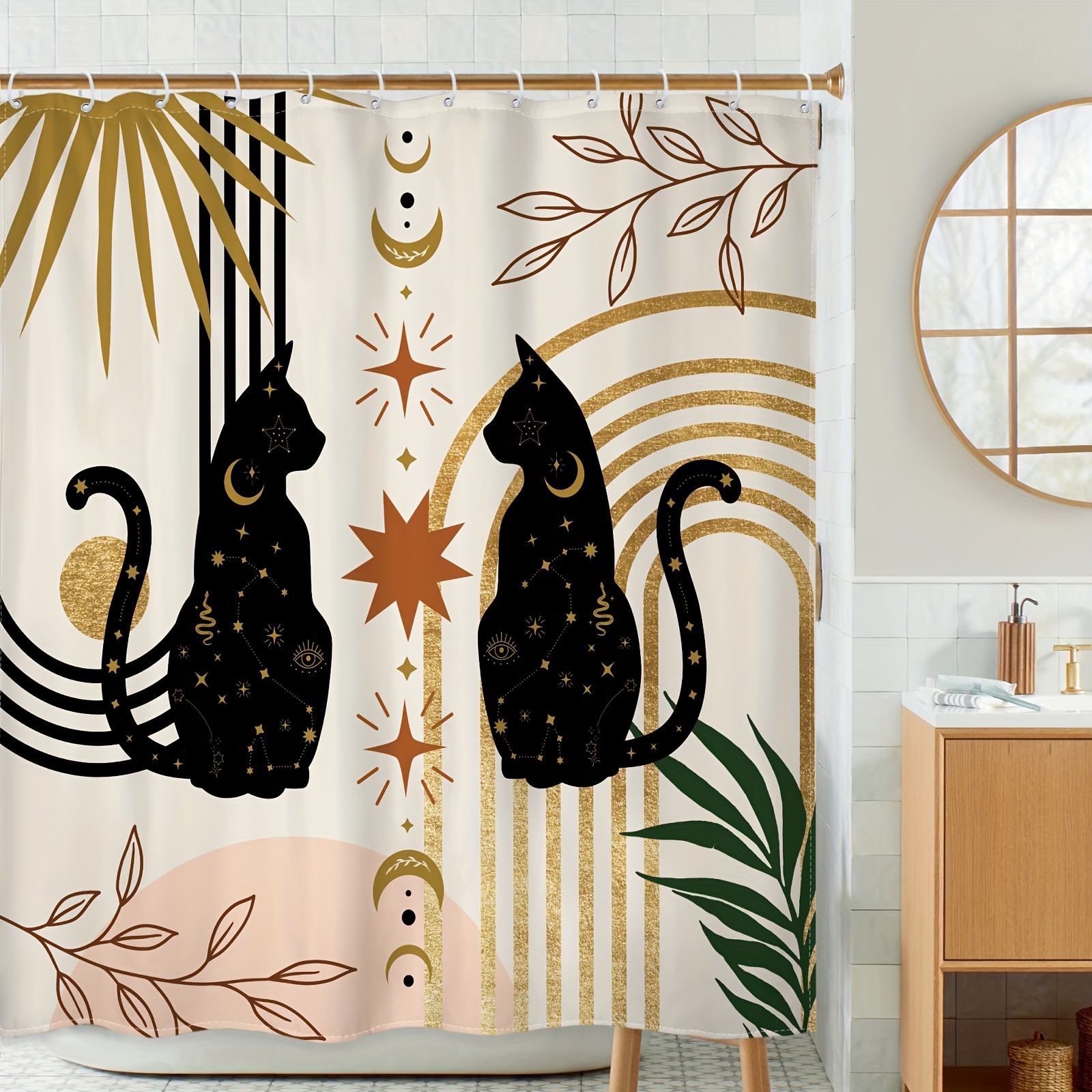 Boho Cat Leaf Pattern Shower Curtain Waterproof Shower - Temu
