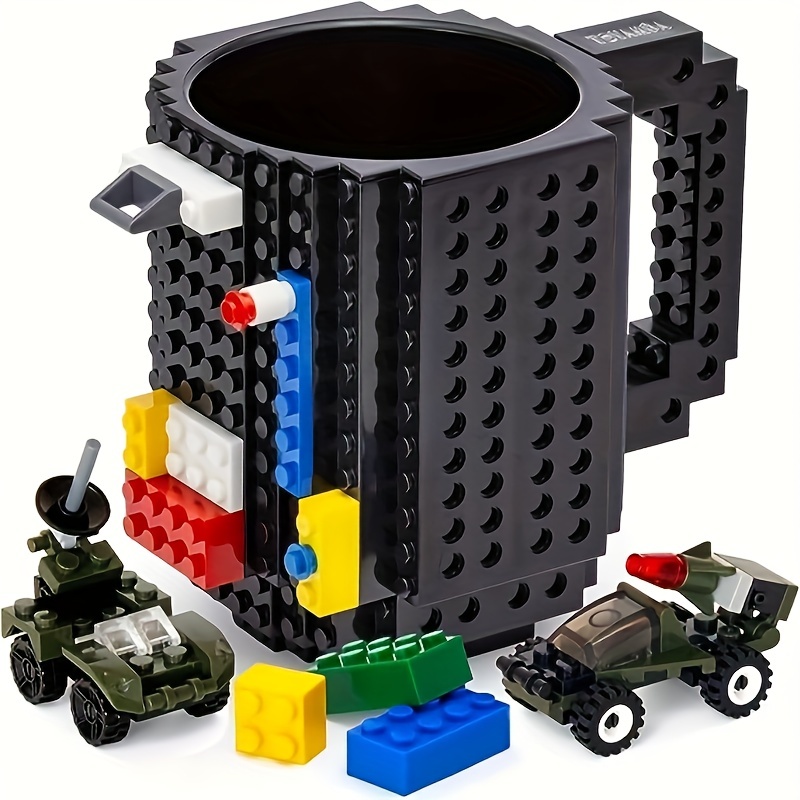 Lumsburry Build-On Brick Coffee Mug, Funny DIY Novelty Cup with Building Blocks Creative for Kids Men Women Xmas Birthday (Cool Black)