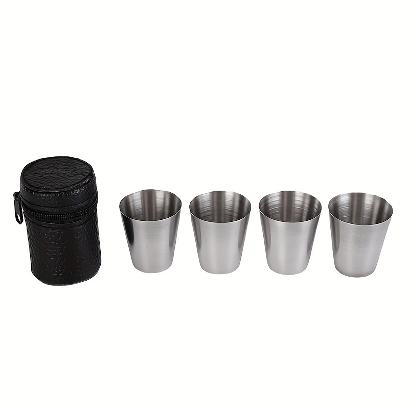 Stainless Steel Shot Cups, Set of 4 Cups, Metal Shot Glasses, Stackable,  Hip Flask Small with Leather Bag for Outdoor 