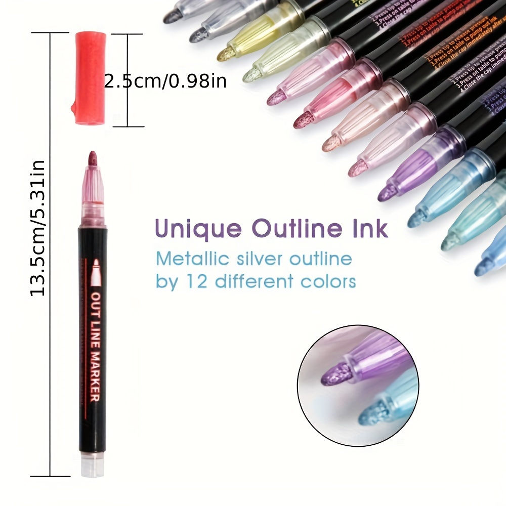 SDJMa Double Line Outline Markers, 12 Colors Squiggles Shimmer Markers Set,  Self Outline Metallic Marker Pens for Art, Drawing, Doodling, Card Making,  Christmas Greeting Card, DIY Crafts 