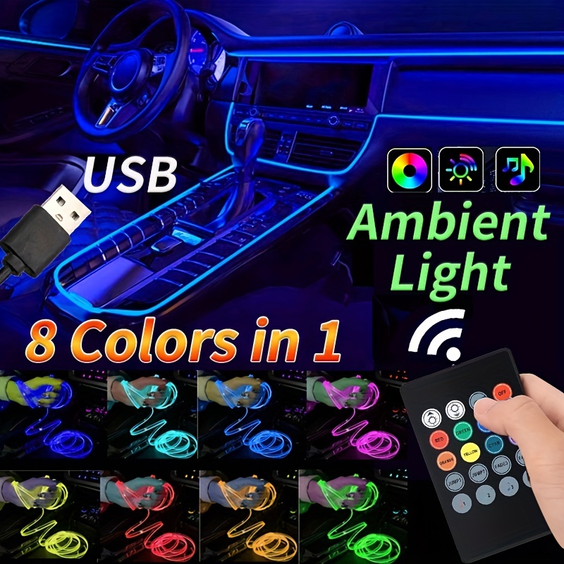 5 M/197 Zoll Leuchten Auto-Innenraum, 8 Farben, EL-Draht, LED-Streifen,  Licht, Musik, Synchronisierung, Rhythmus, RGB, Neon, DIY, Armaturenbrett