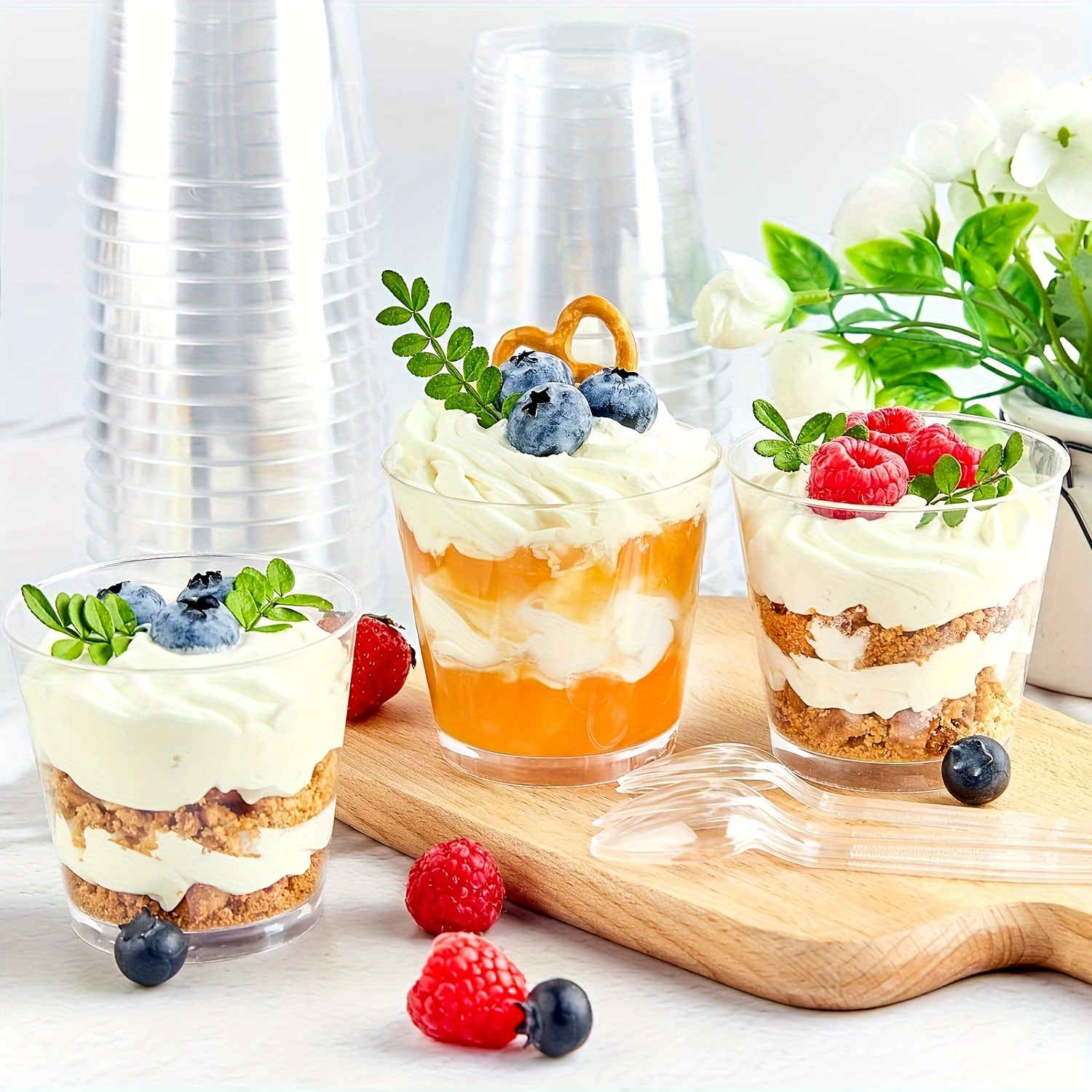 25pcs/Set, 9oz Clear Plastic Parfait Cups, Flat Lids(NO HOLE), Dessert Cups  With Lids, Dips Snacks And Fruit Yogurt Smoothie Iced Cold Drinks, Summer