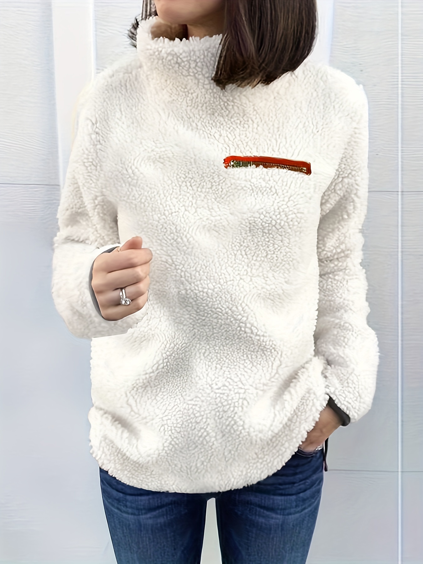 Solid Thermal Turtleneck Sweatshirt, Casual Long Sleeve Contrast Trim  Sweatshirt For Fall & Winter, Women's Clothing
