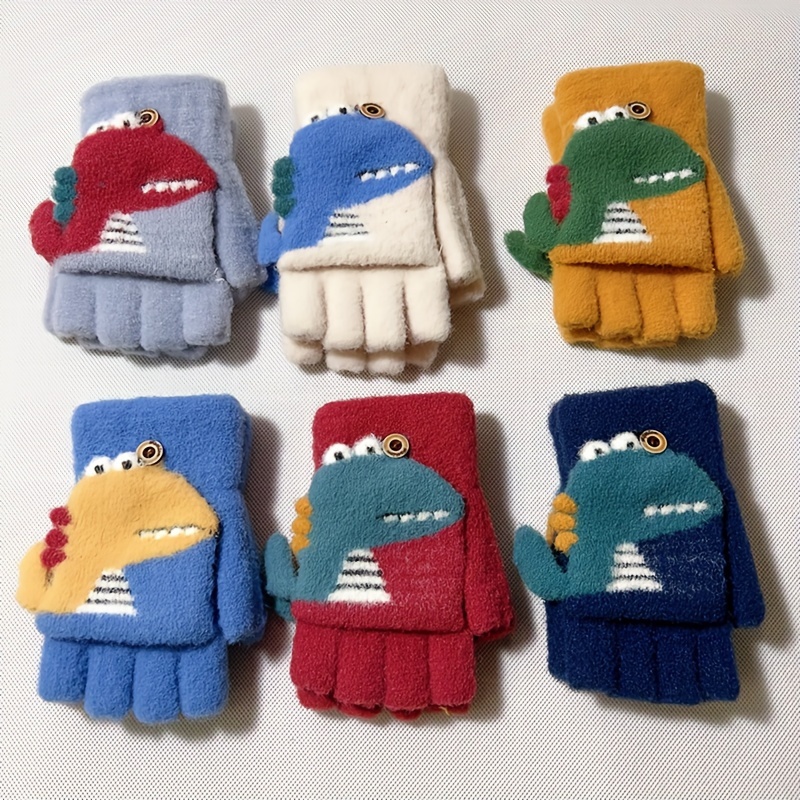 Boys' Winter Gloves with Cartoon Dinosaur Design - 100% Nylon, Snug Fit Button Closure, Lightweight Warmth for Daily Play & New Year Celebrations (Mixed Colors)