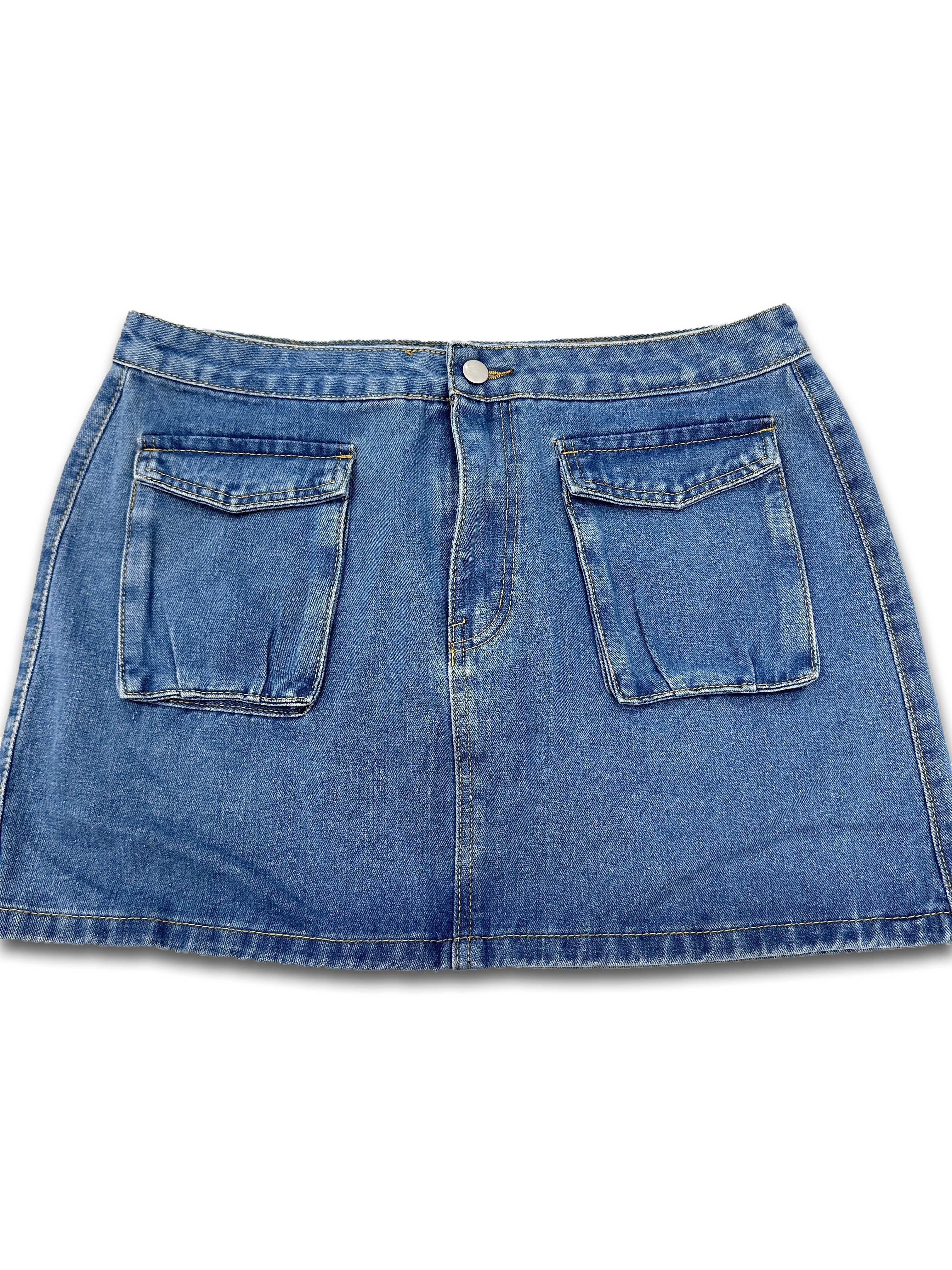 Blue Flap Pockets Denim Mini Skirt Non stretch Slim Fit - Temu