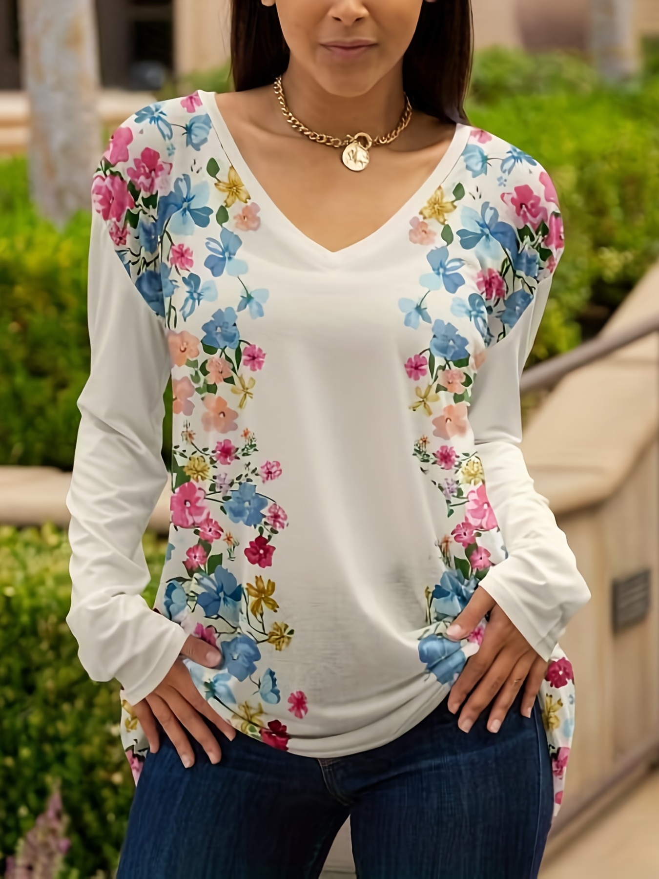 Plus Size Casual Top Women's Plus Colorblock Floral Print - Temu Philippines