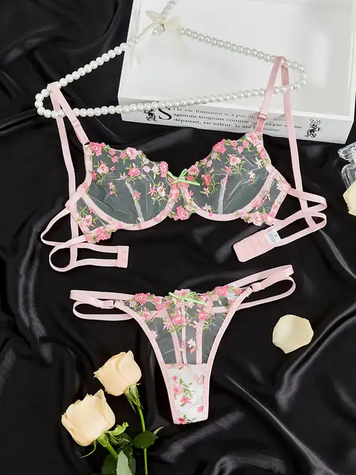 Floral Embroidery Lingerie Set, Sheer Unlined Bra & Mesh Thong, Women's  Sexy Lingerie & Underwear