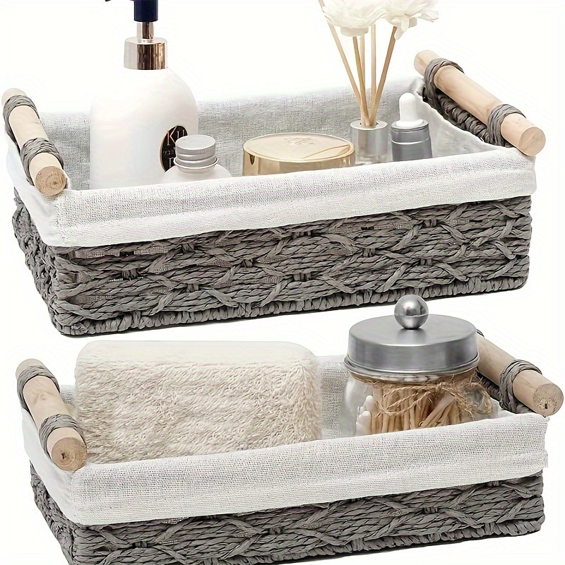 

2pcs Countryside Style Woven Storage Basket With Lining And Handle - Decorative Countertop Organizer For Clothes, Towels, And Sundries - Rattan And Wicker Basket For Bathroom, Bedroom, And Living Room