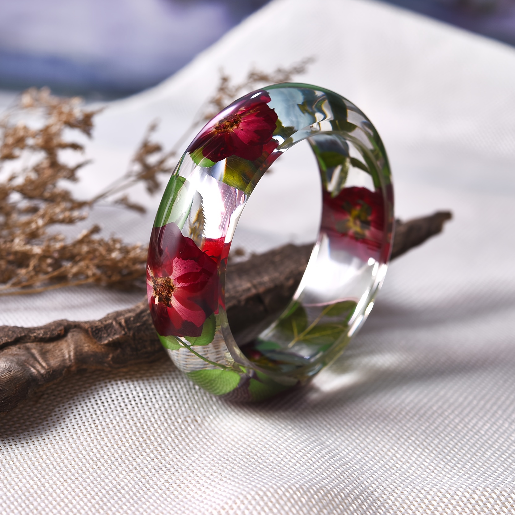 Red & Pink Dried Flower Inside Of Clear Resin Bracelet Bangle Best