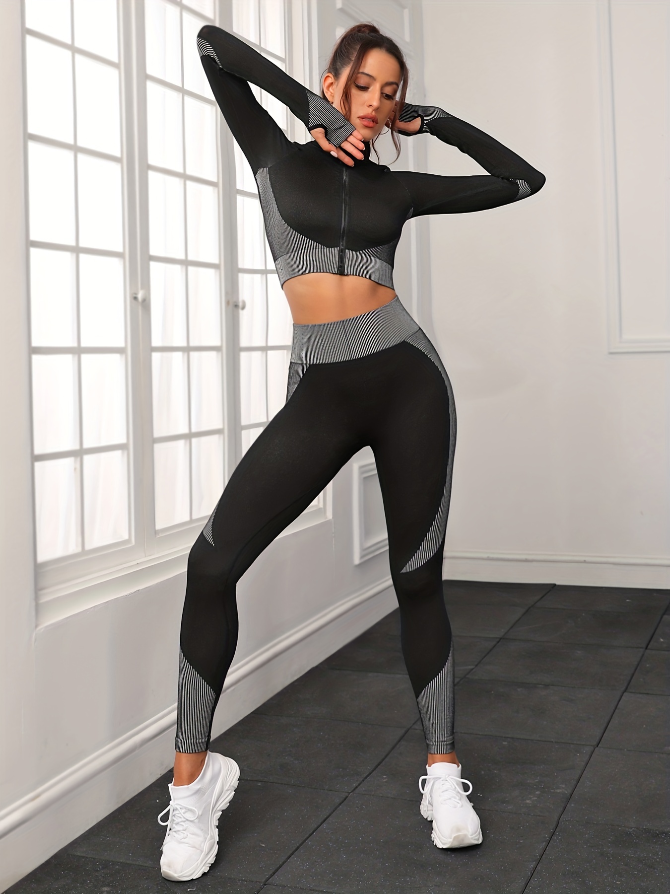 Gray And Black Zippered Long Sleeve Top And Pants, Athletic Fitness Yoga  Running Set, Women's Activewear