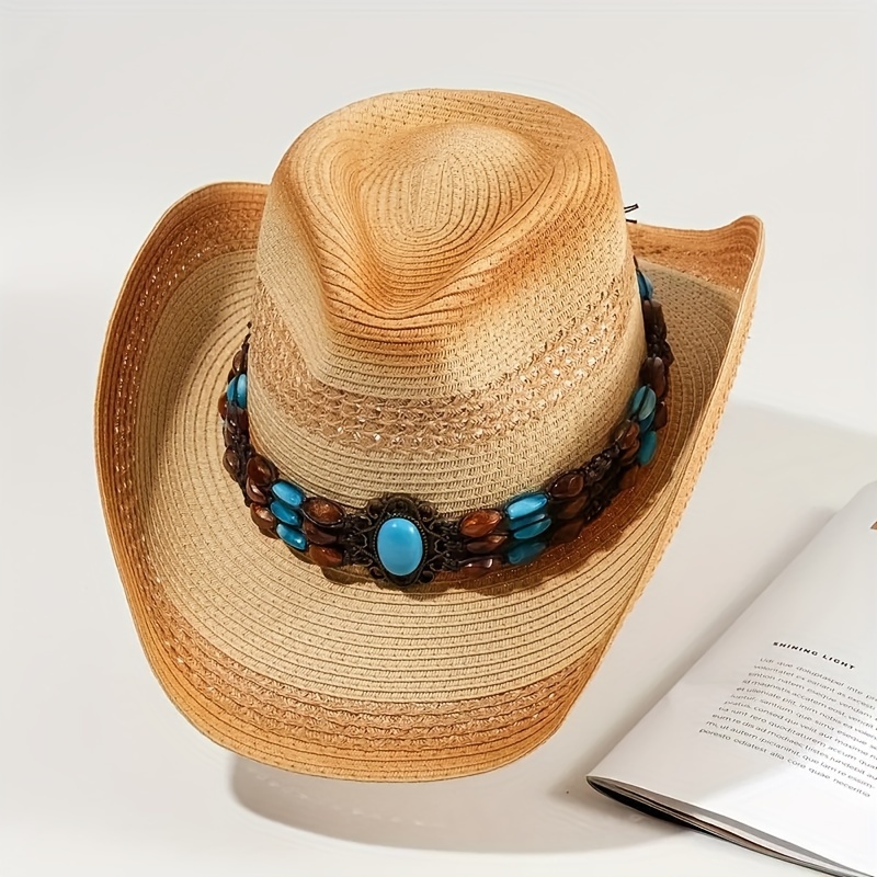 Boho Braided Chain Cowboy Hat, Cowgirl Hat Vintage Breathable Sunshade Straw Hat unisex Sun Hats Travel Beach for Women Men,Temu