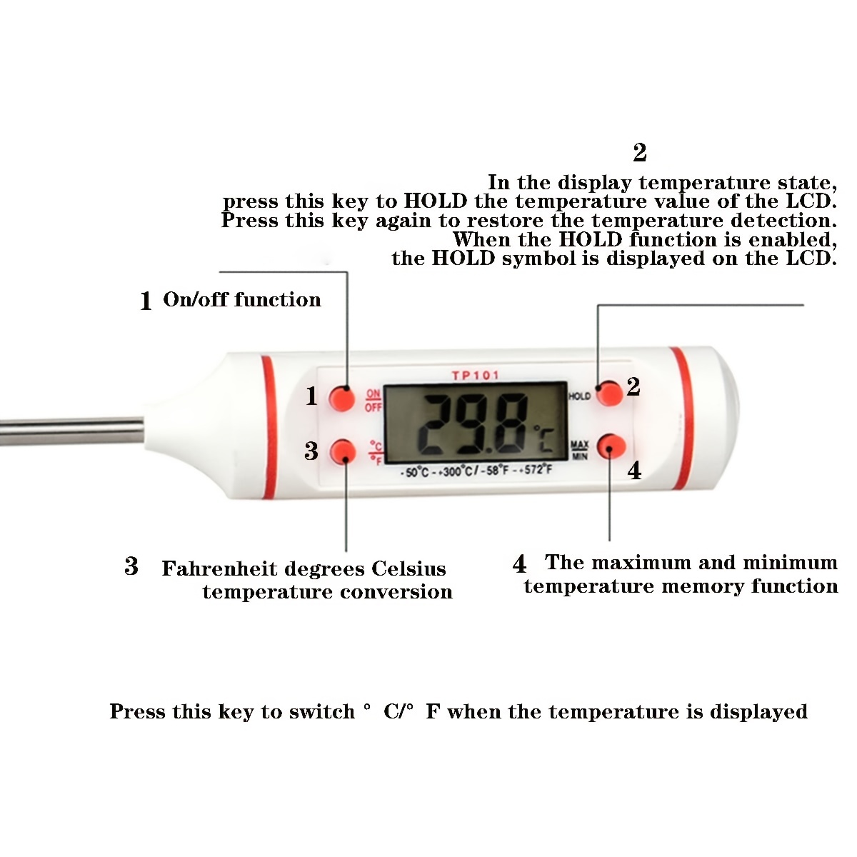 Achetez TP101 Thermomètre à Aliments Numériques Long Sonde Thermomètre  Numérique Électronique BBQ Tempeture Outil de Chine