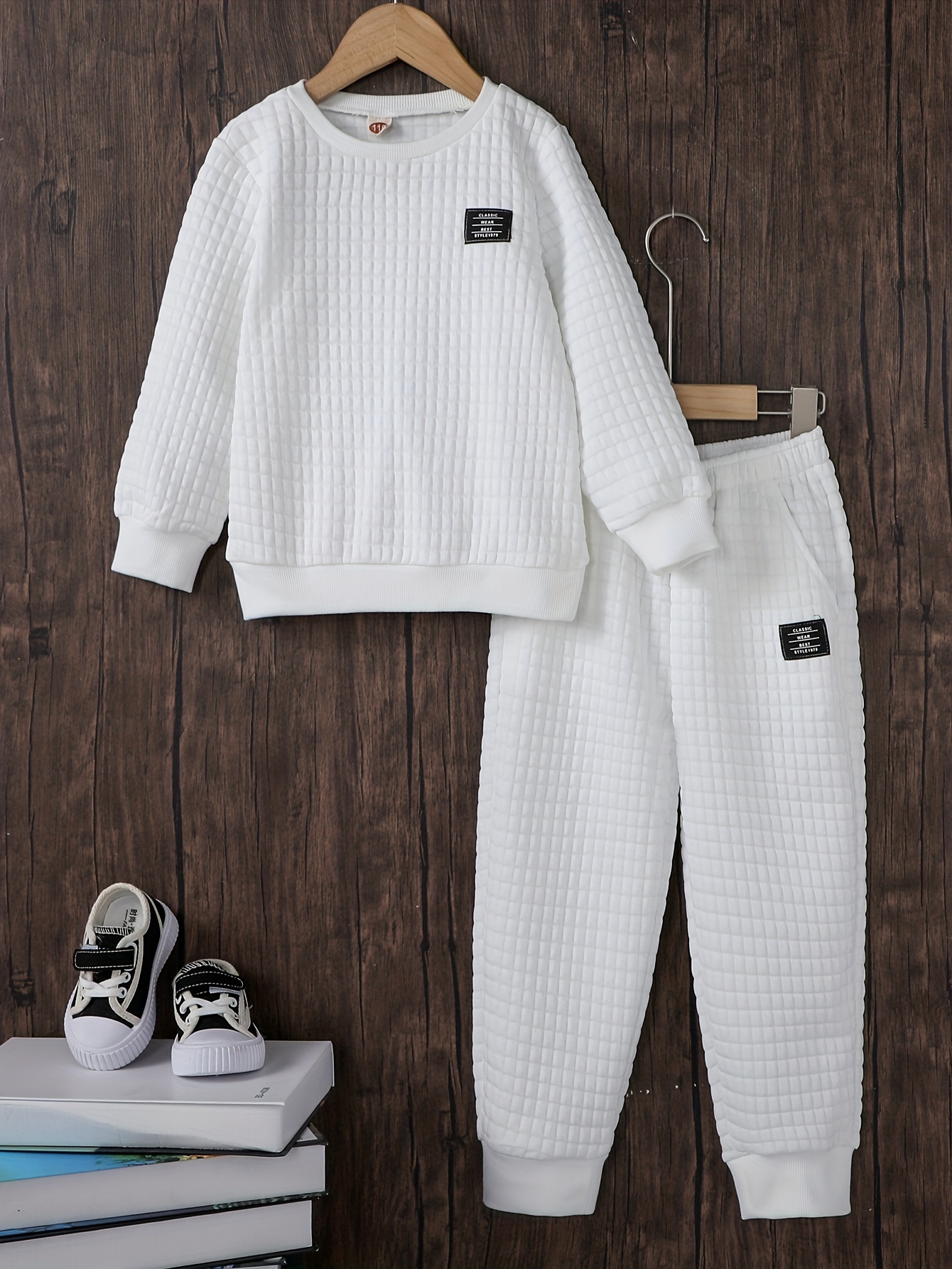 Boy's Square Jacquard Outfit 2pcs, Sweatshirt & Jogger Pants Set, Kid's  Clothes For Spring Fall