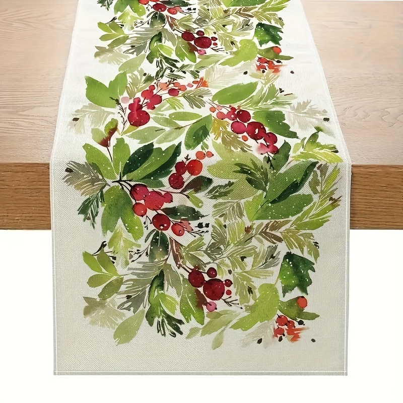 

1pc, Christmas Table Runner, Green Leaves And Cranberry Berry Pattern Table Cover, Seasonal Winter Christmas Decor, Christmas Holiday Farmhouse Style Table Decoration