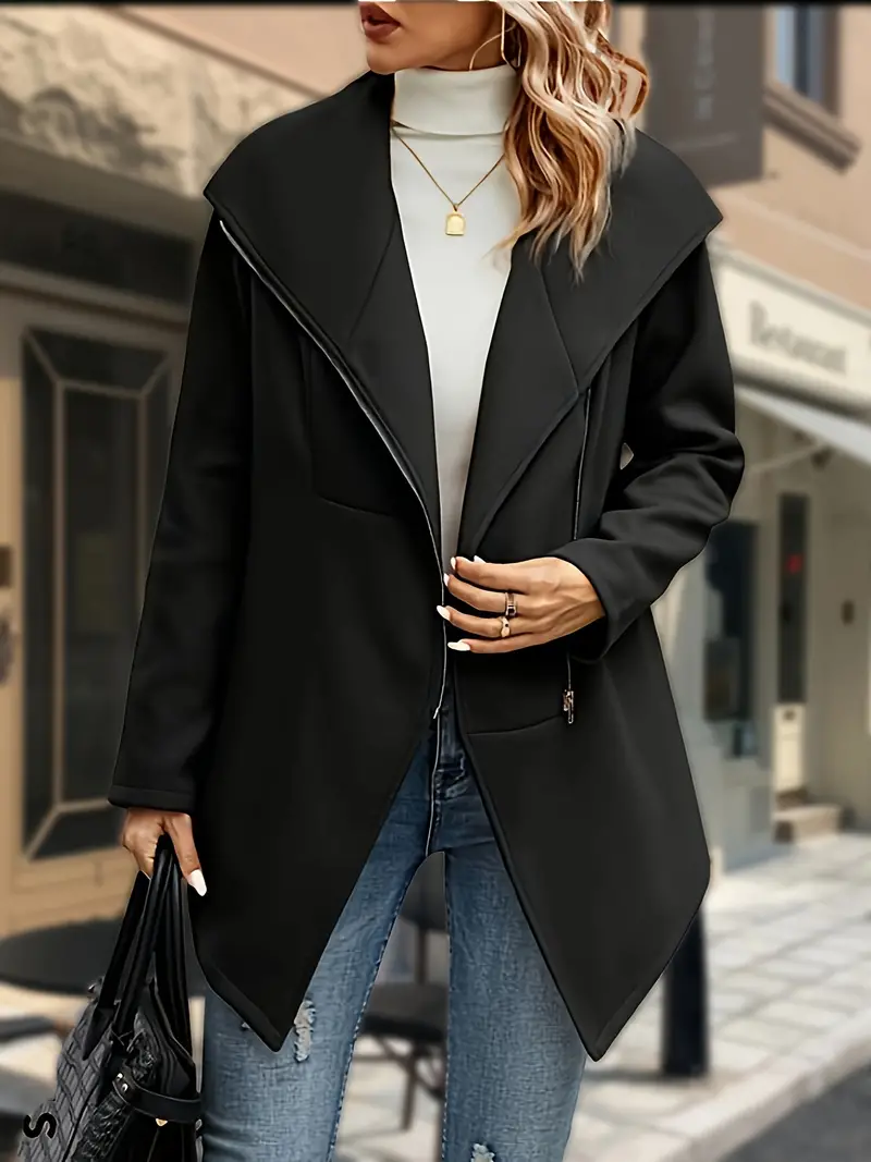 solid lapel zipper jacket, solid lapel zipper jacket versatile long sleeve asymmetrical outwear for fall winter womens clothing details 2
