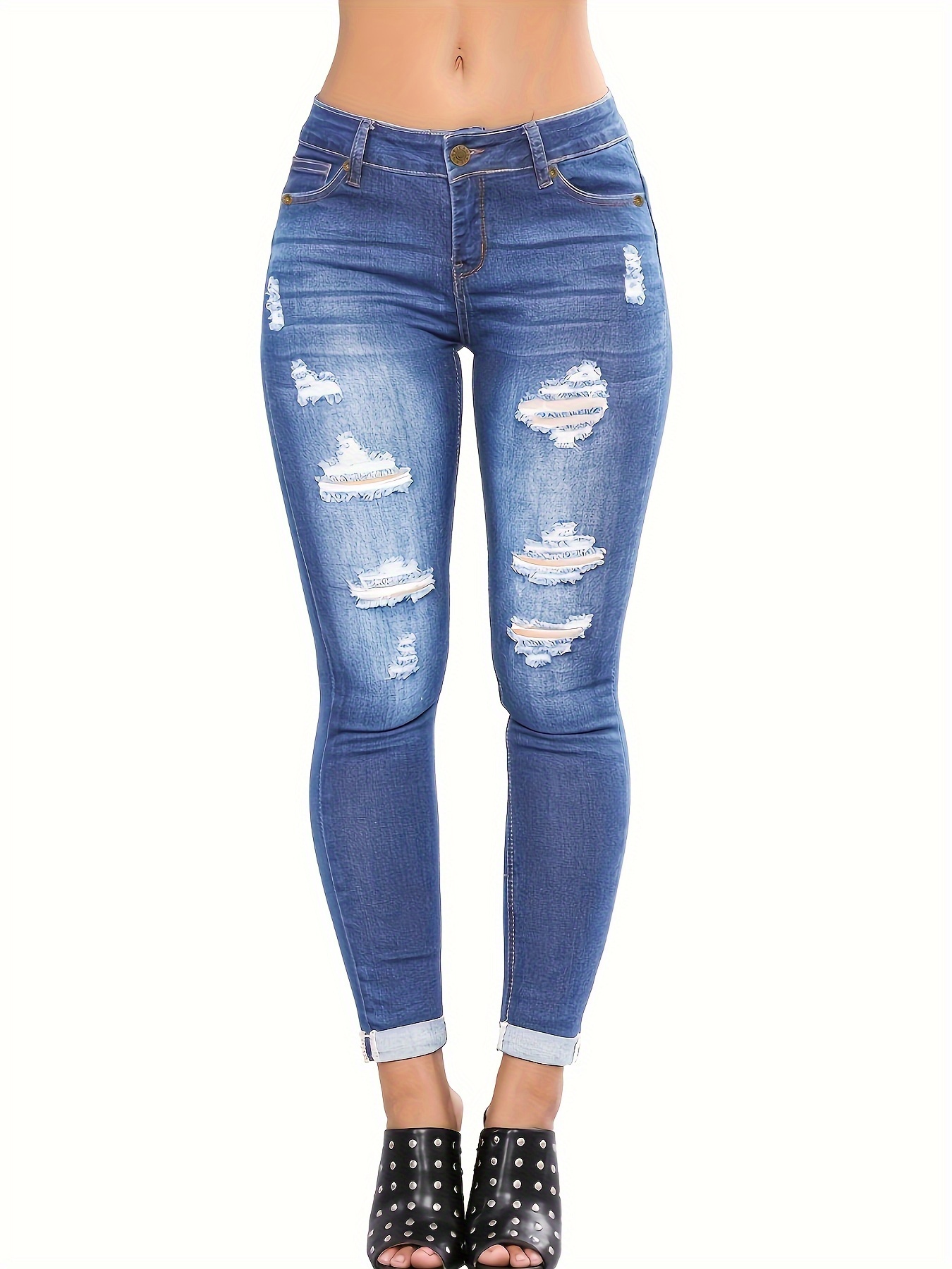 Double Button Ripped Skinny Jeans, High * Washed Blue Stretchy Denim Pants,  Women's Denim Jeans & Clothing