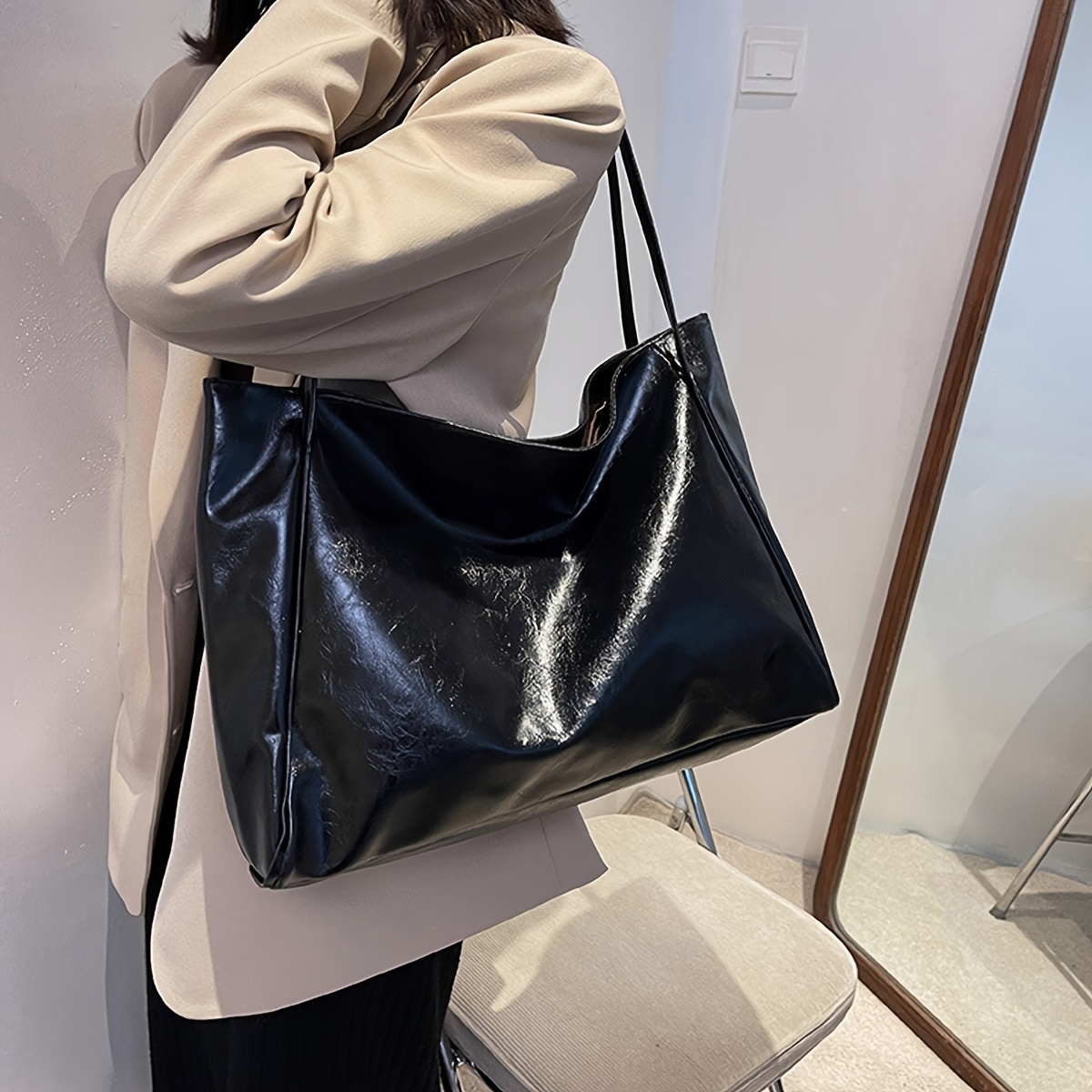 Large Capacity Tote Bag, Casual Purse with Removable Strap, Women's Simple Handbag for Work,Milk Tea Color,No Pattern,$49.59,Temu