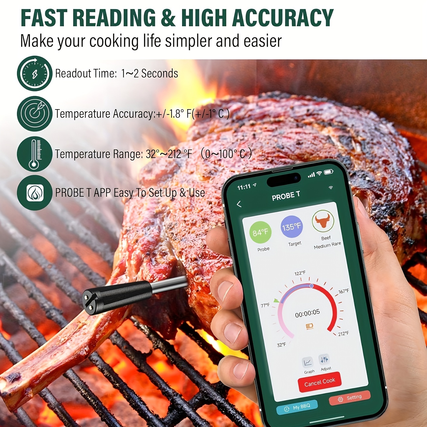 Wireless Meat Thermometer Alarm&Vibration Bluetooth Food Thermometer for  Grilling/BBQ Instant Read Smart Meat Stick Thermometer