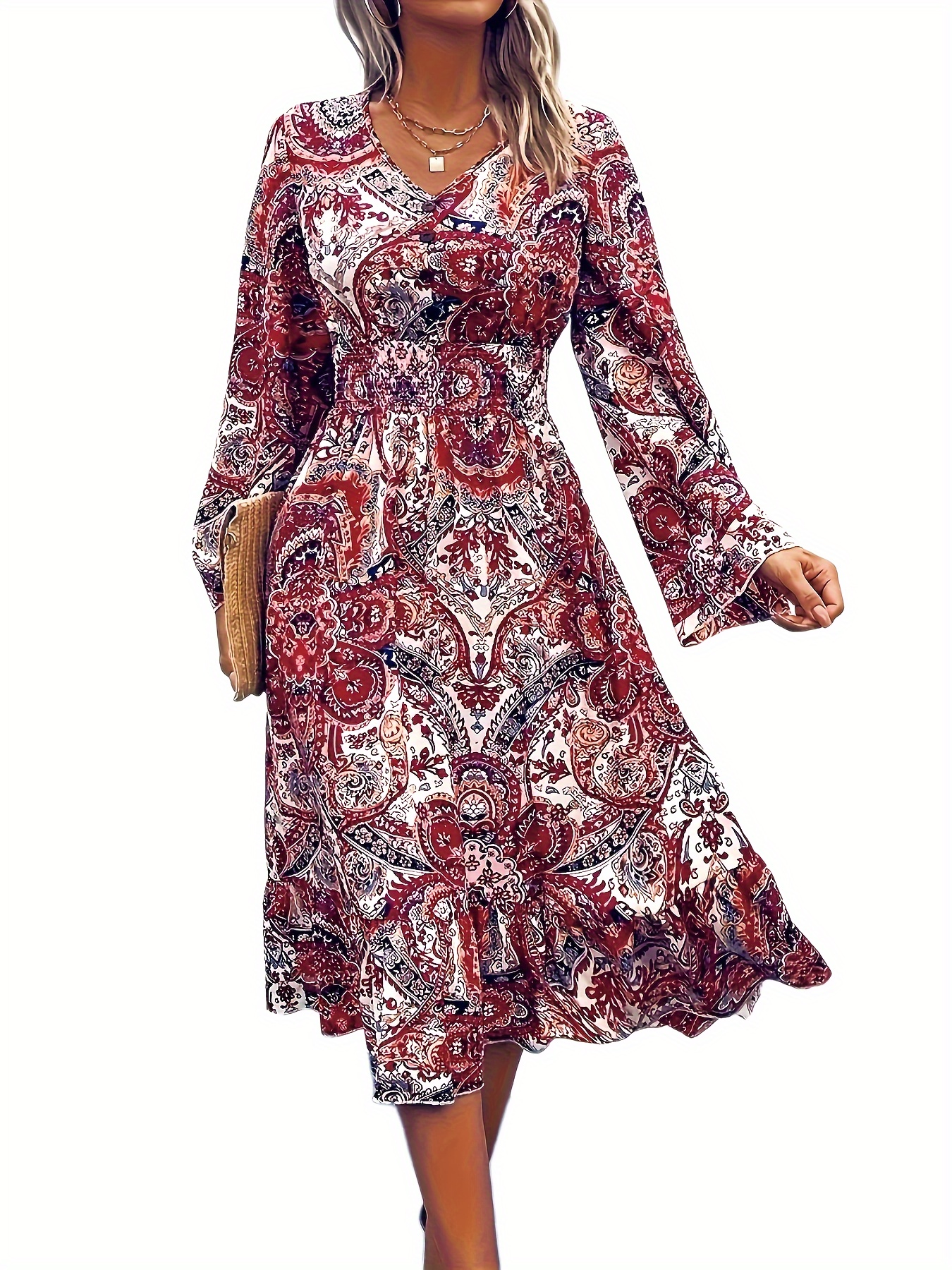 Plus Size Boho Dress, Women's Plus Paisley Print Long Sleeve V Neck Slight  Stretch Midi Dress