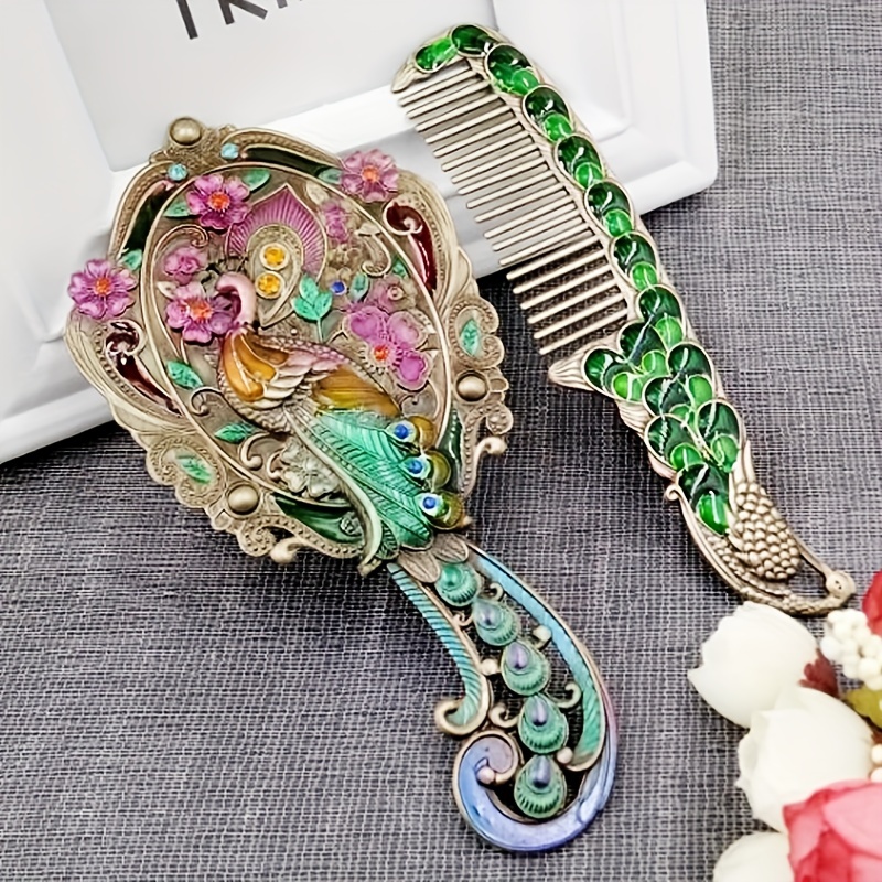 Vintage Peacock Handheld Mirror Comb Set