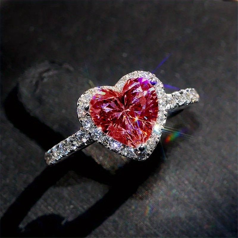 1PC Pink Heart Wedding Baguette Band Solitaire Ring Iced Out Golden  Sparkling Cubic Zirconia Halo Ring Promise Love Rings Birthday Friendship  Gift For