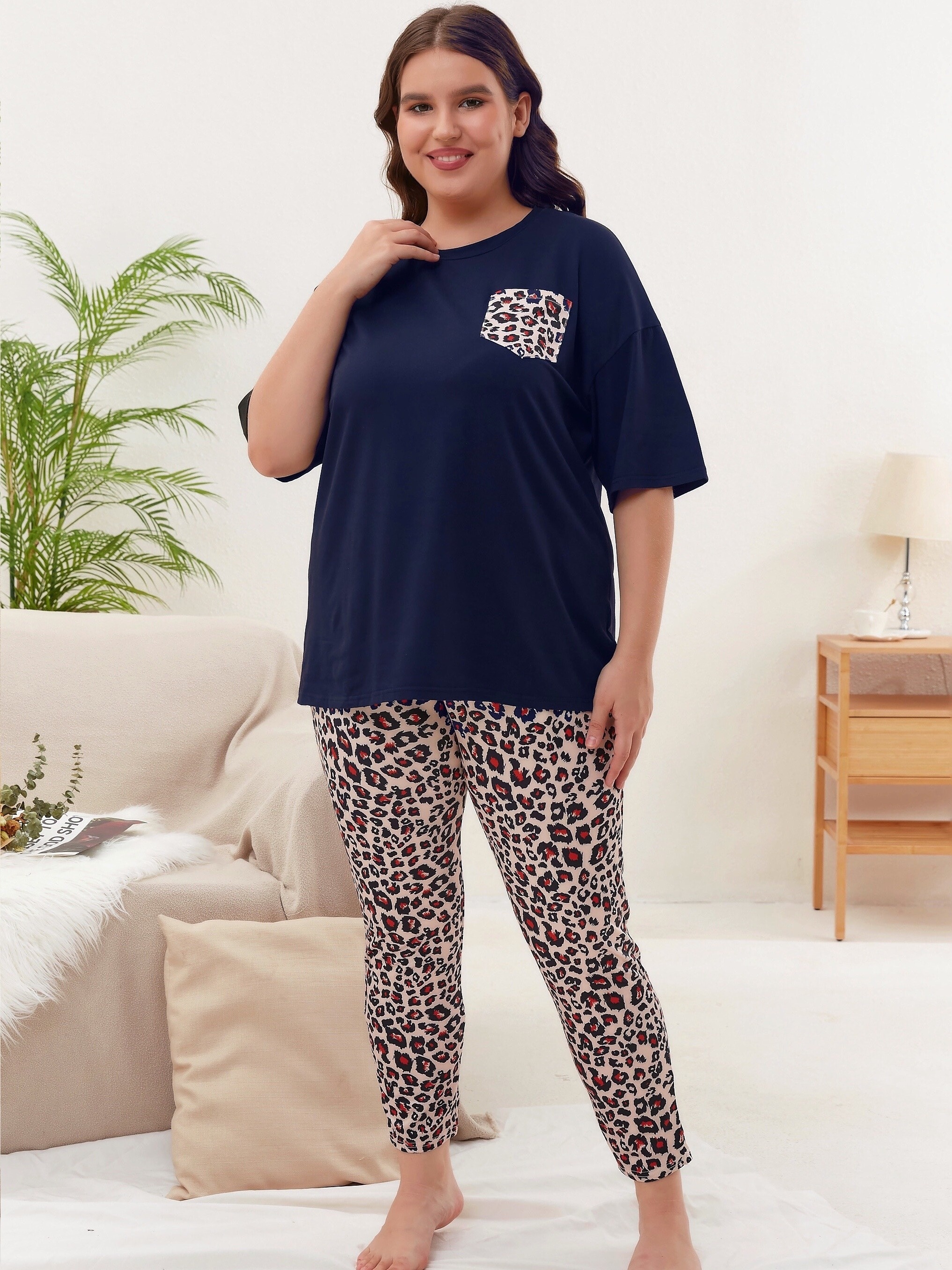 Leopard Print Pajama Set Short Sleeve Top & Pants