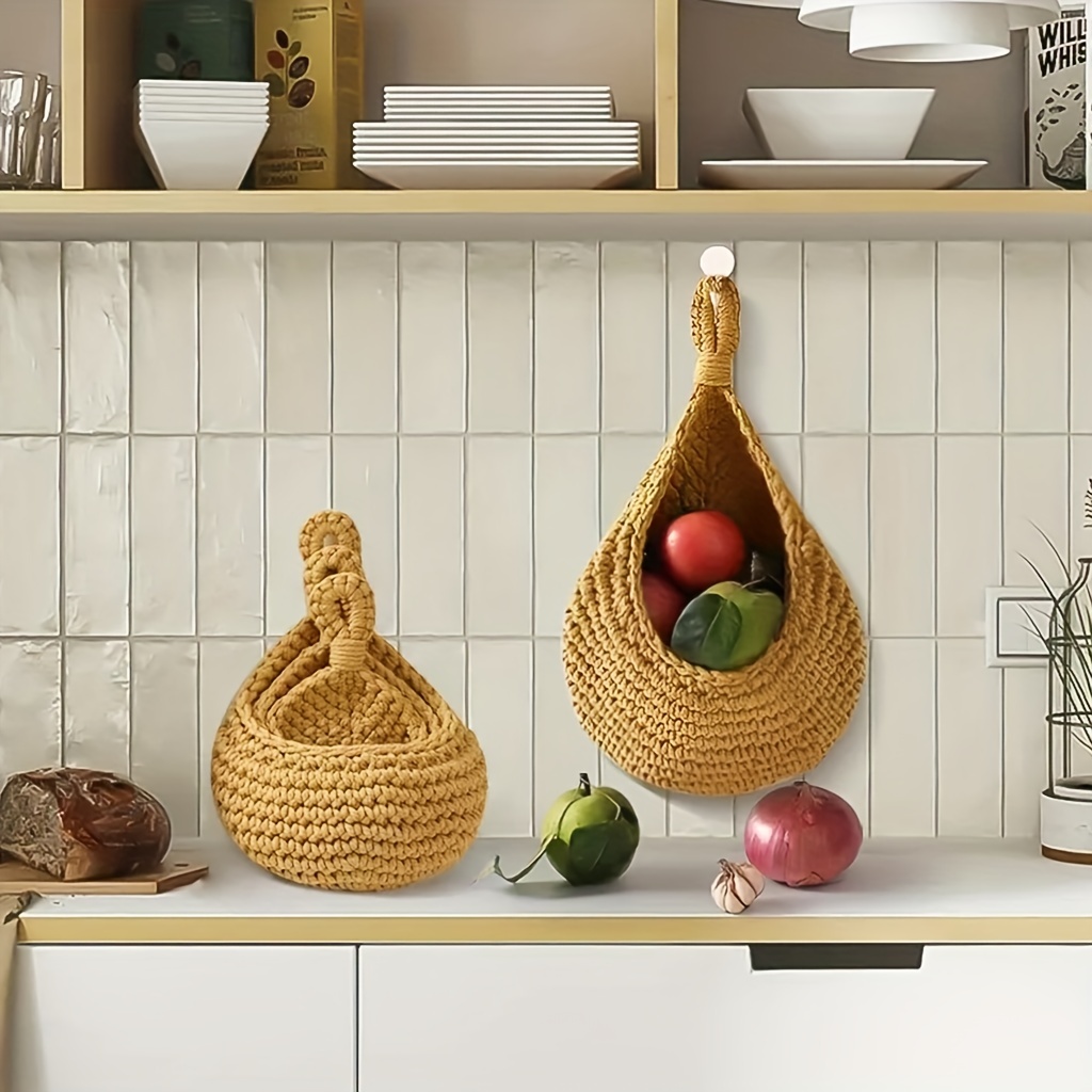 Monfince Handmade Woven Hanging Vegetable Fruit Basket Teardrop Shaped  Hanging Wall Basket Home Kitchen Storage Holder