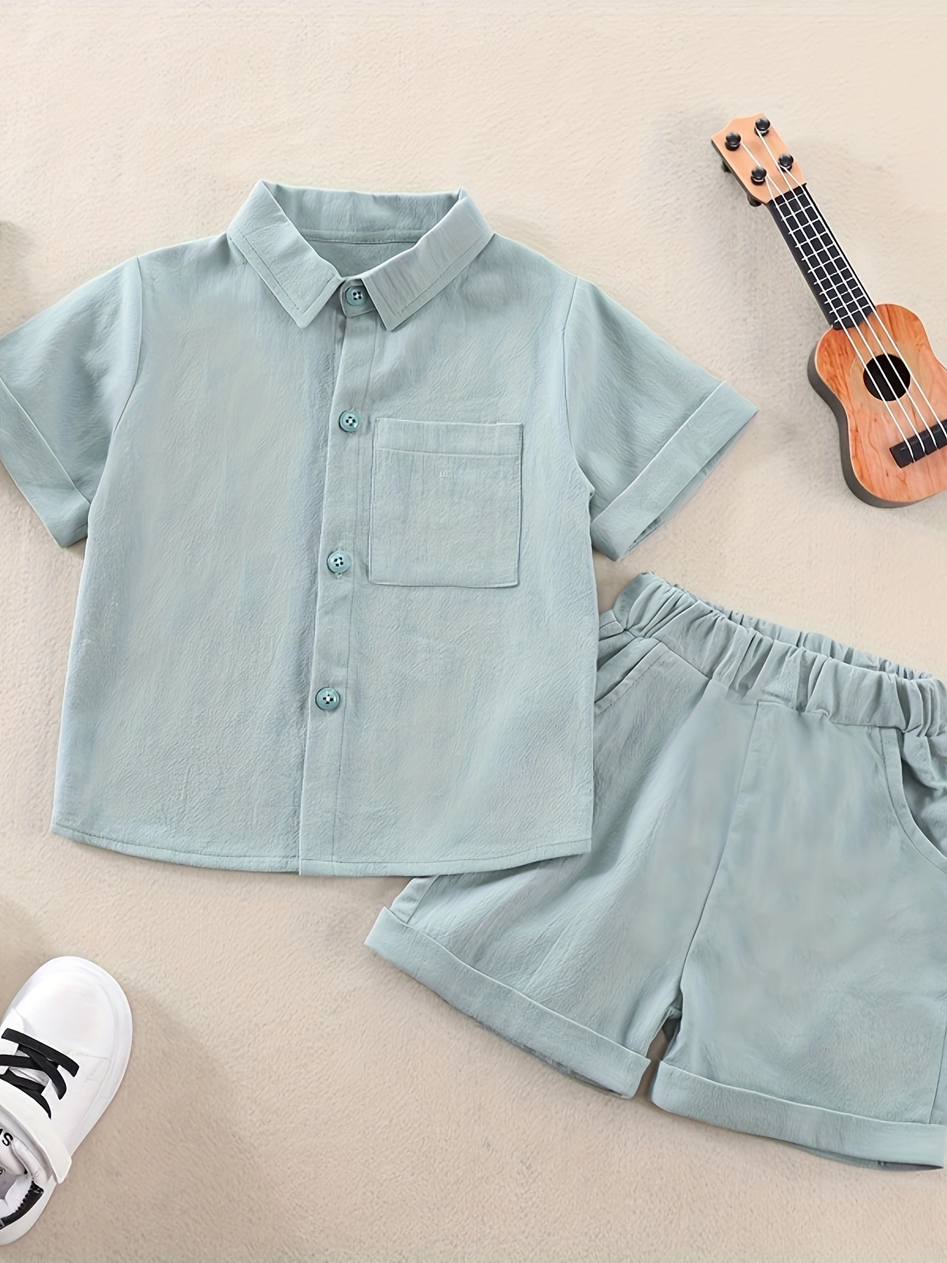 100% Cotton 2pcs Baby Boy Plaid Short-sleeve Shirt and Solid Shorts Set