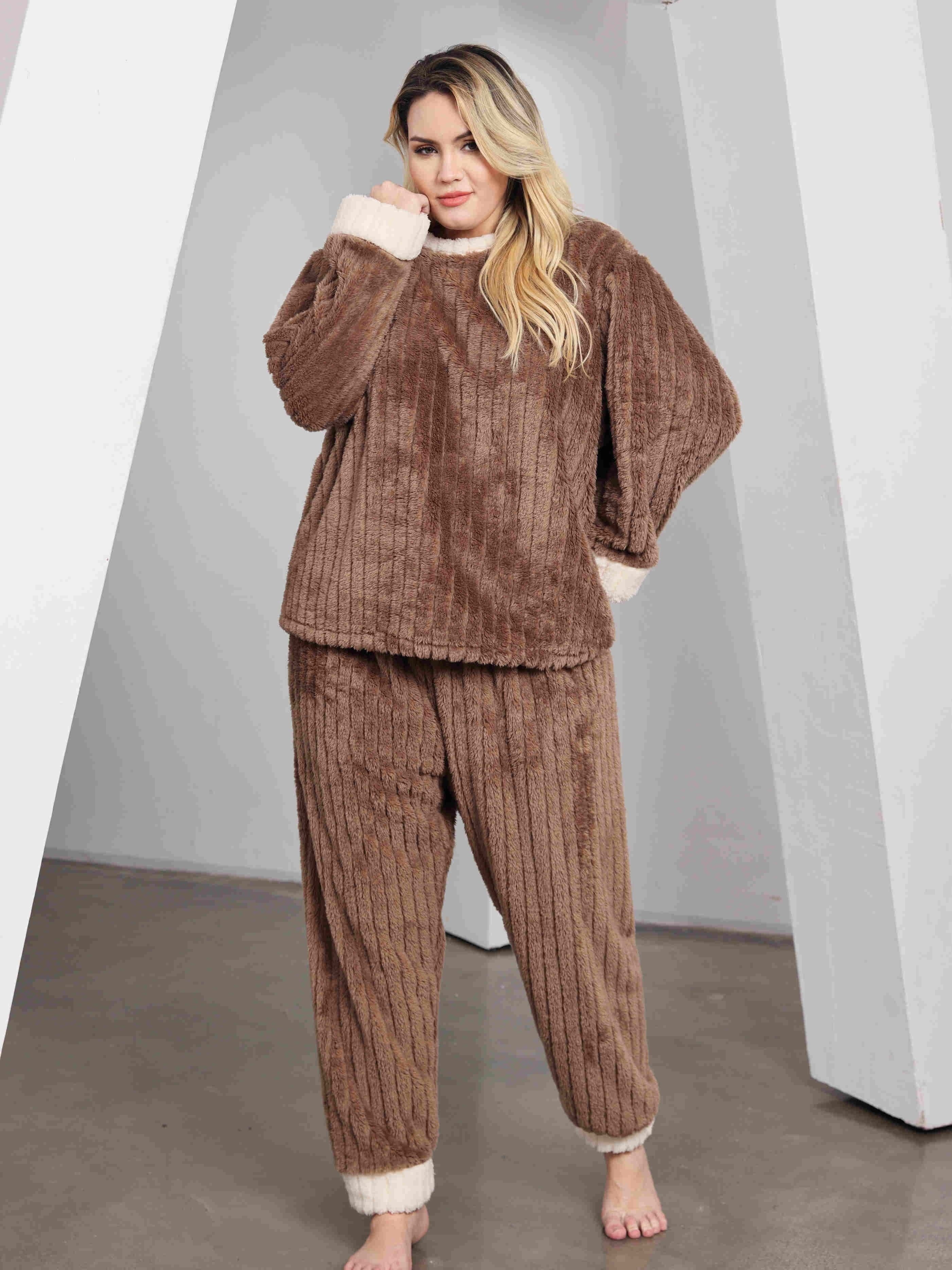 Warm Thermal Loungewear Pajamas Set Long Sleeve Pullover - Temu Canada