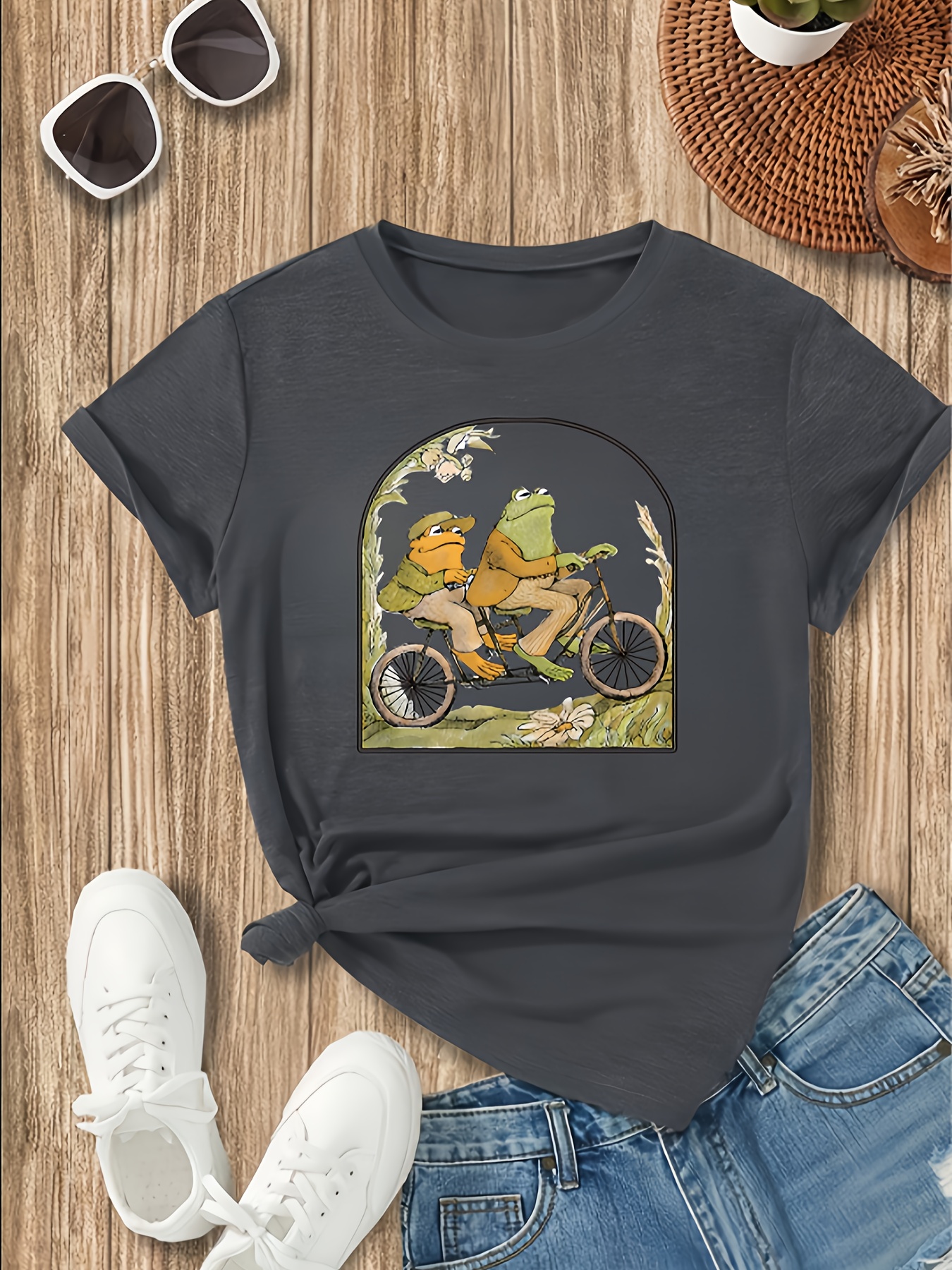 Frog Playing Banjo Print T shirt Casual Crew Neck Short - Temu