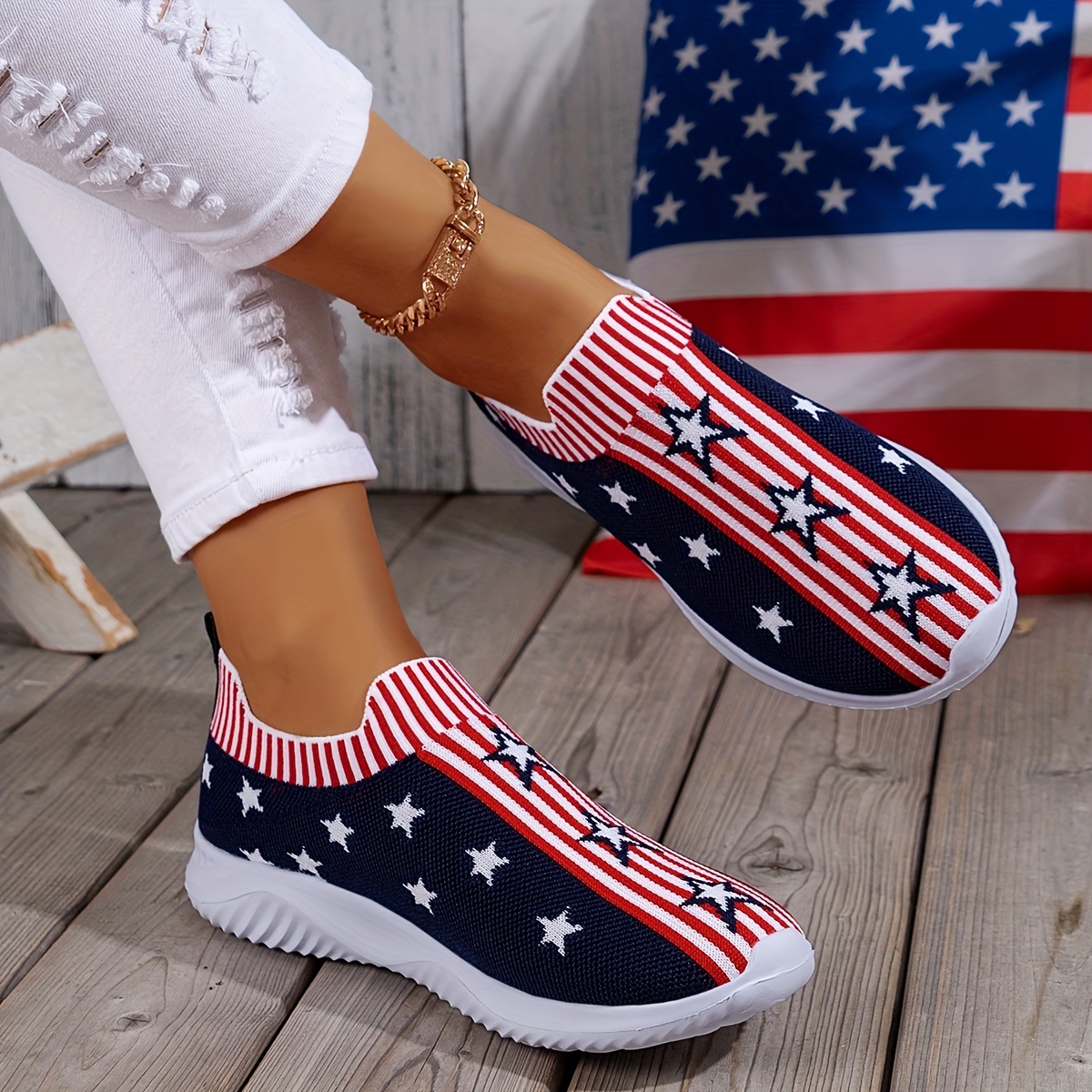 

Women's Star & Stripe Pattern Slip-on Fashion Walking Shoes, Independence Day Flying Woven Casual Sneakers, Soft Sole Patriotic Lightweight Running Shoes