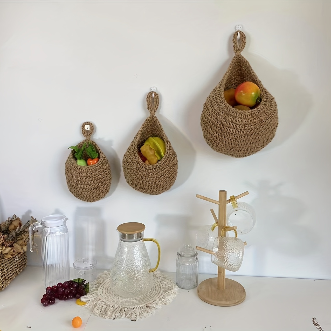Kitchen Decor and Supplies Jute Hanging Fruit and Vegetable Baskets Rope  Hook Woven Bag Hanging Basket Rope Fruit Basket Pocket Kitchen Storage Bag