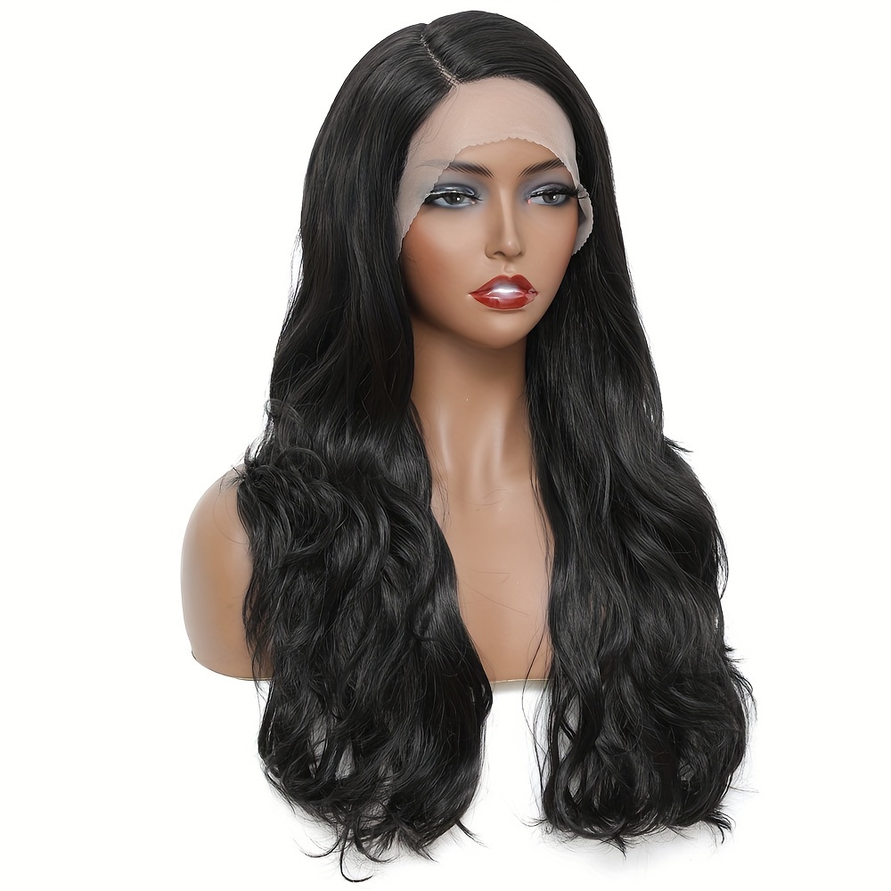 Long Wavy Lace Front Wigs Synthetic Hair 45.72 Cm Black Wigs Side Part Transparent Lace Wig Natural Wavy Black Wigs For Women Daily Party Wear