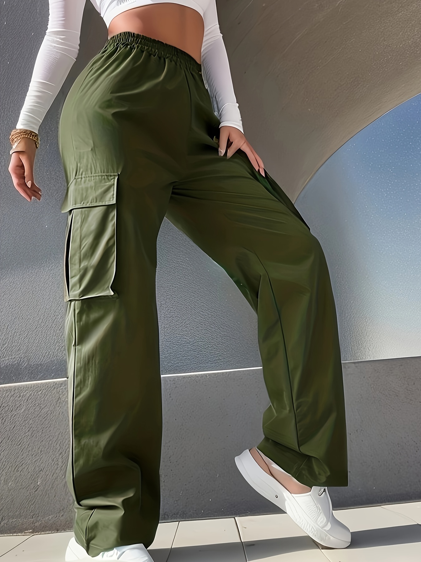 Plus Size Casual Pants Women's Plus Solid Elastic High - Temu Canada